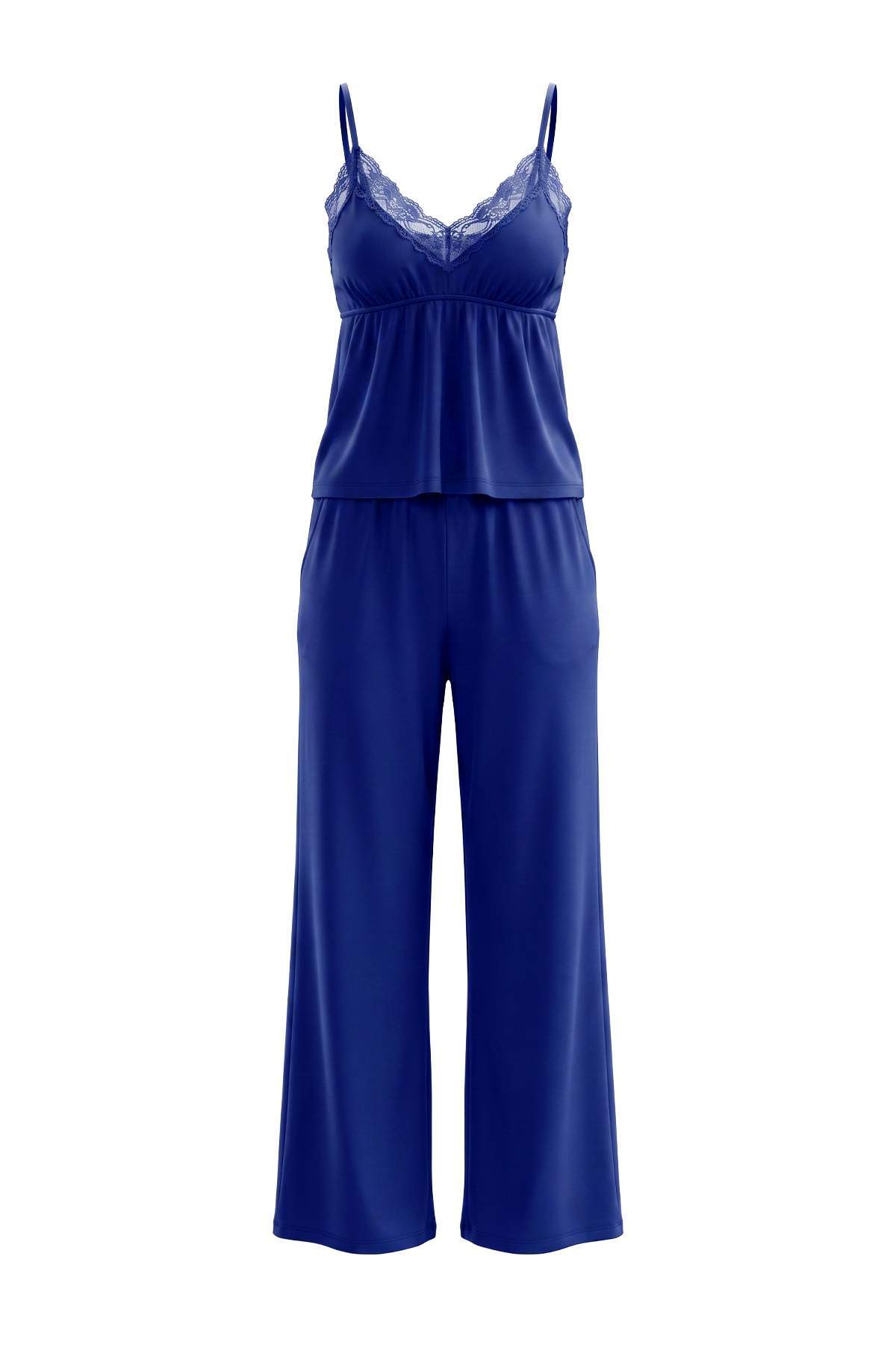 Trendyolmilla Lacivert Pamuklu Dantel Detaylı Cepli Pointel Örme Pijama Takımı THMAW27PT00014