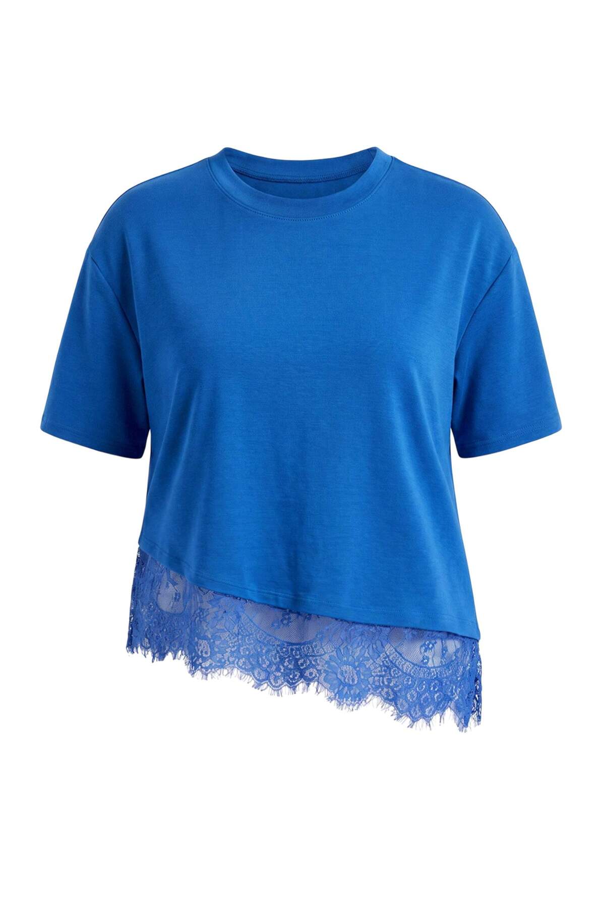 Trendyolmilla Curve Mavi Etek Ucu Dantel Detaylı Büyük Beden T-shirt TBBSS26BF00047