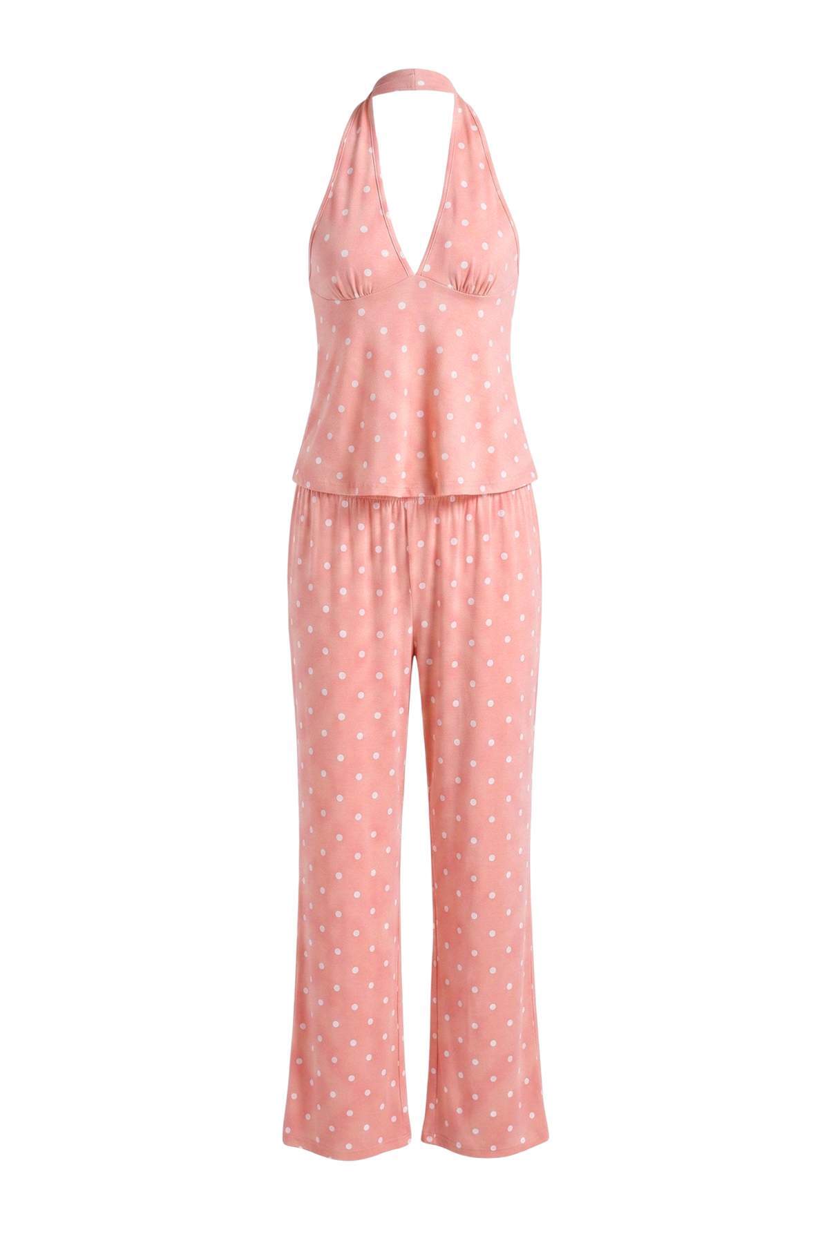 Trendyolmilla Gül Kurusu Puantiyeli Halter Yaka Viskon Örme Pijama Takımı THMAW27PT00094