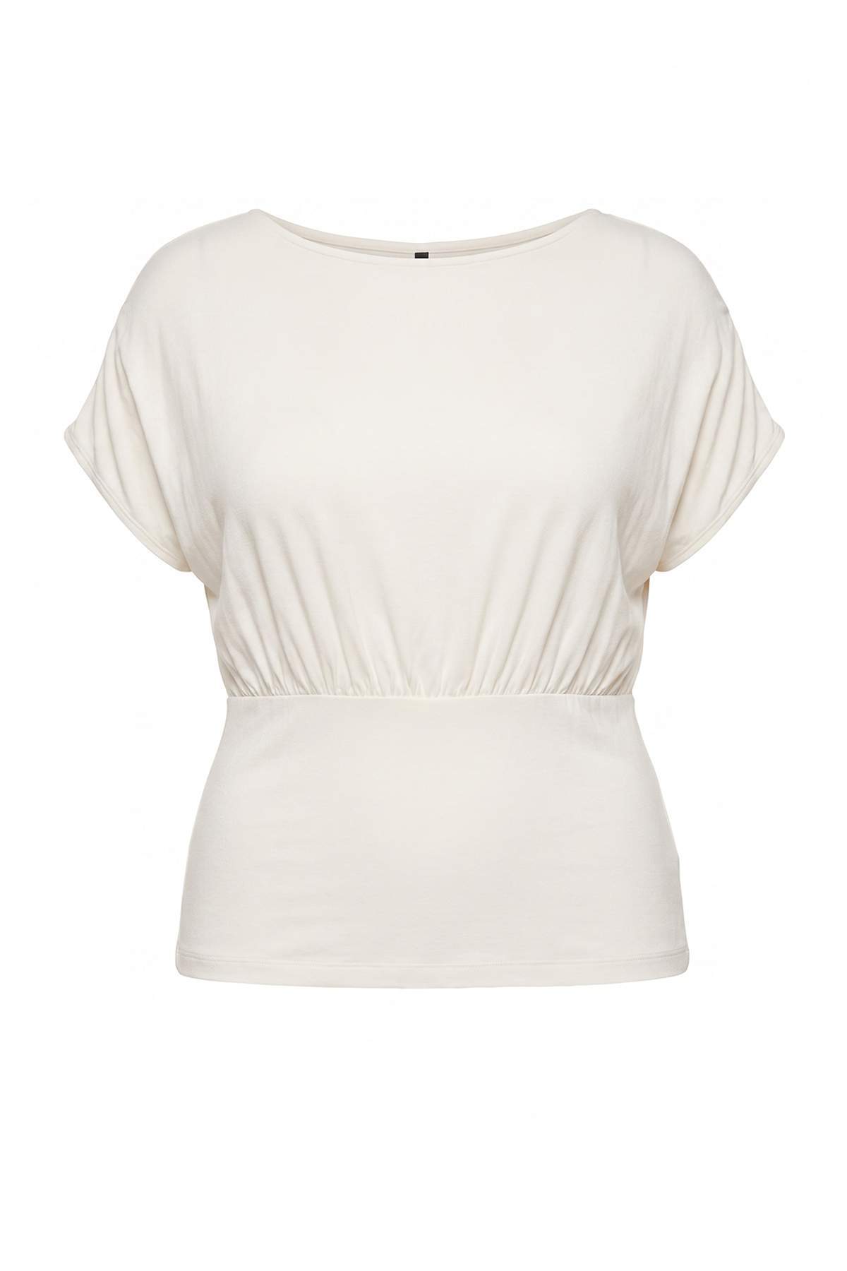 Trendyolmilla Curve Ekru Fitted/Vücuda Oturan Asimetrik Yaka Kısa Kollu Yumuşak Örme Büyük Beden Bluz TBBSS26AF00226