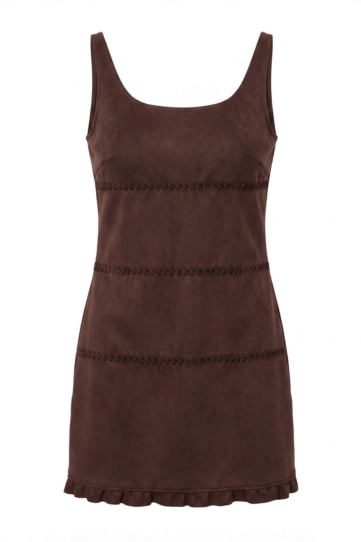 Trendyolmilla Kahverengi Süet Dikiş Detaylı Bodycon/Vücuda Oturan Havuz Yaka Midi Örme Elbise TWOAW27EL00197
