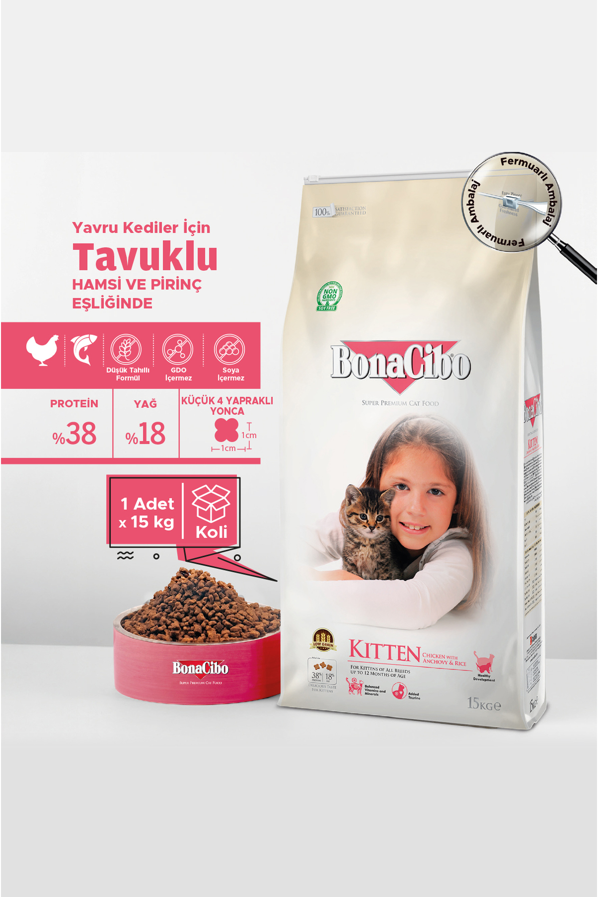 BonaCibo Kitten 15 Kg Tavuklu (Hamsi ve Pirinç eşliğinde) Yavru Kedi Maması