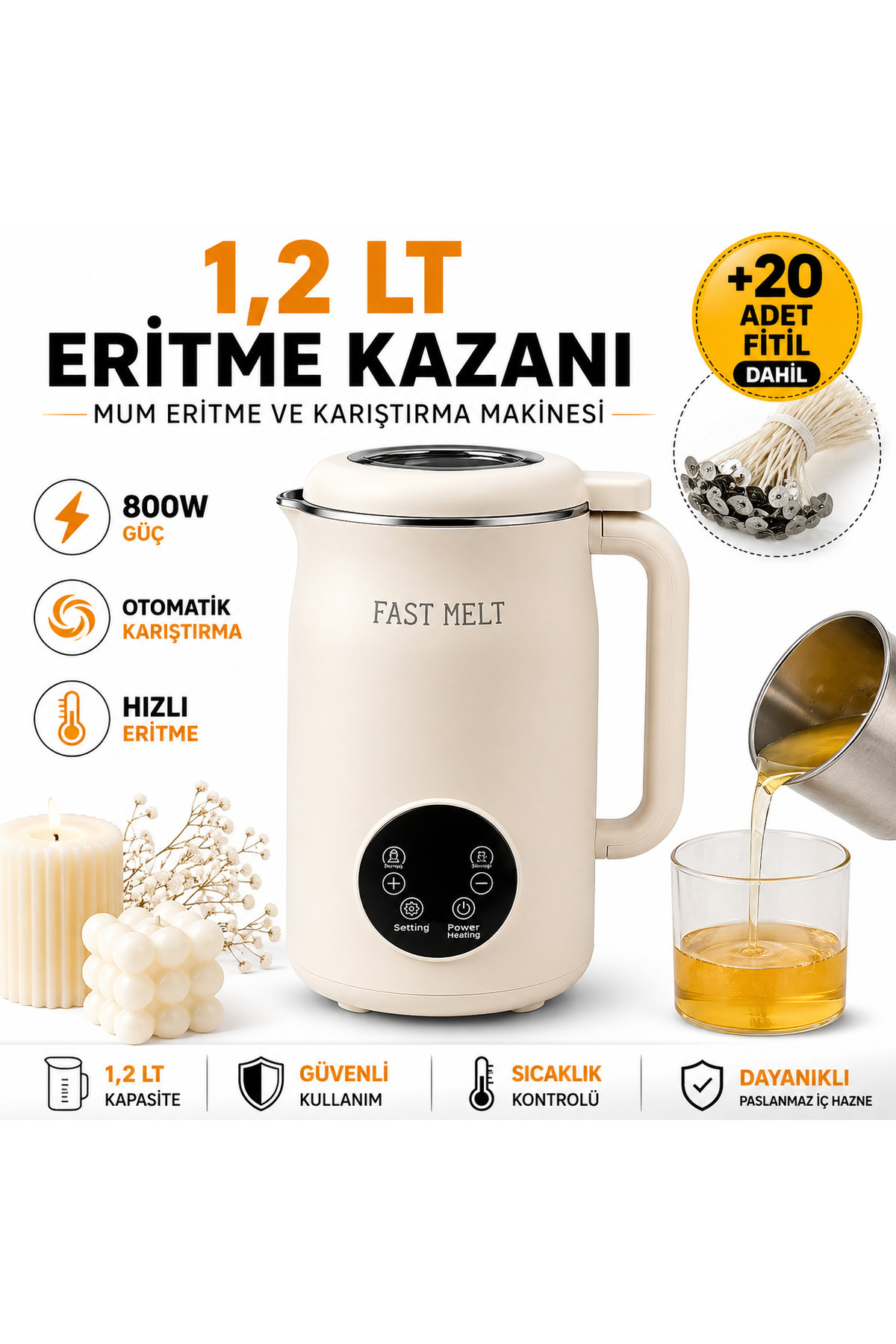 hk 1.2 LT Mum Eritme ve Karıştırma Makinesi | Otomatik Karıştırıcı | 800W Hızlı Isıtma | Profesyonel Mum Yapım Makinesi