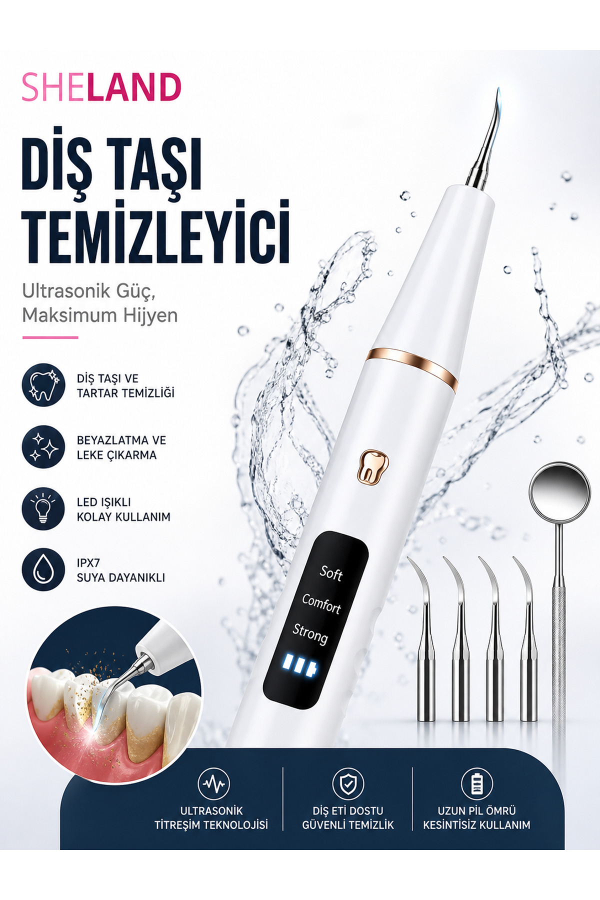 Sheland Ultrasonik Diş Taşı Temizleme Cihazı – LED Işıklı, 3 Mod, IPX7 Su Geçirmez 4 Yedek Başlık - Fiyatı, Yorumları