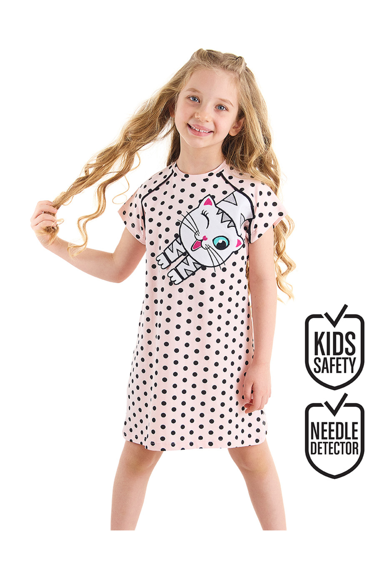 Denokids Beyaz Kedi Kız Çocuk Puantiye Pembe Yazlık Elbise