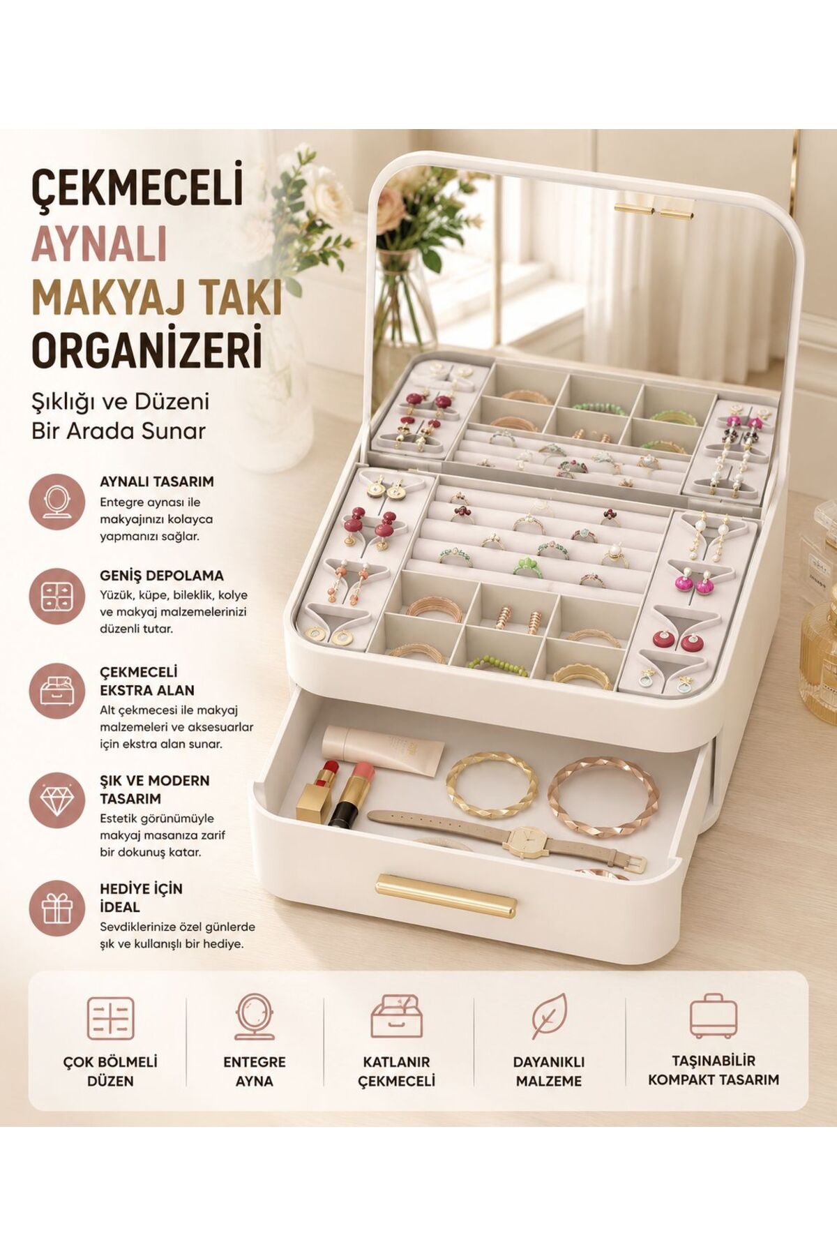 URVE House By House Çekmeceli Aynalı Çok Bölmeli Makyaj Takı Organizer Krem ürün görseli
