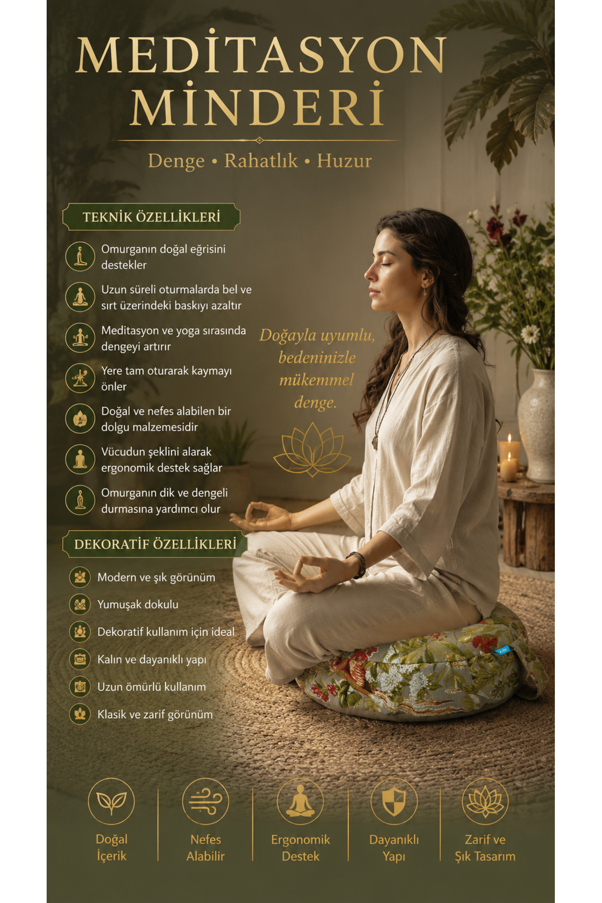 iCool Head 60cm Çapında Yoga Minderi, Karabuğday Kabuğu Dolgulu Meditasyon Minderi, Geniş Yoga Minderi, Premium İtalyan Kumaş Kılıf, Papağan Ezgisi