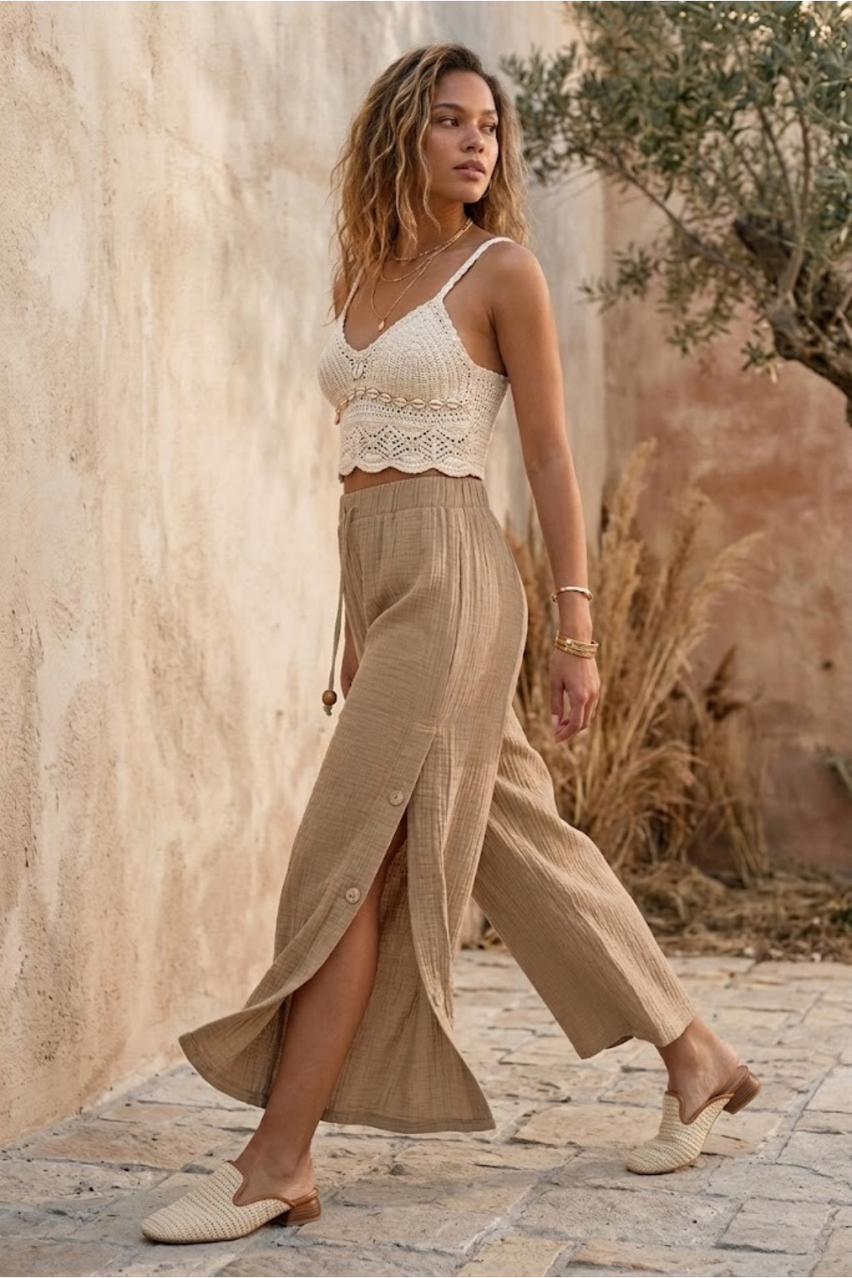 Muslin Pants, Comfortable Fit Wide Cut Wide Leg High Waist Pants Earth Beige