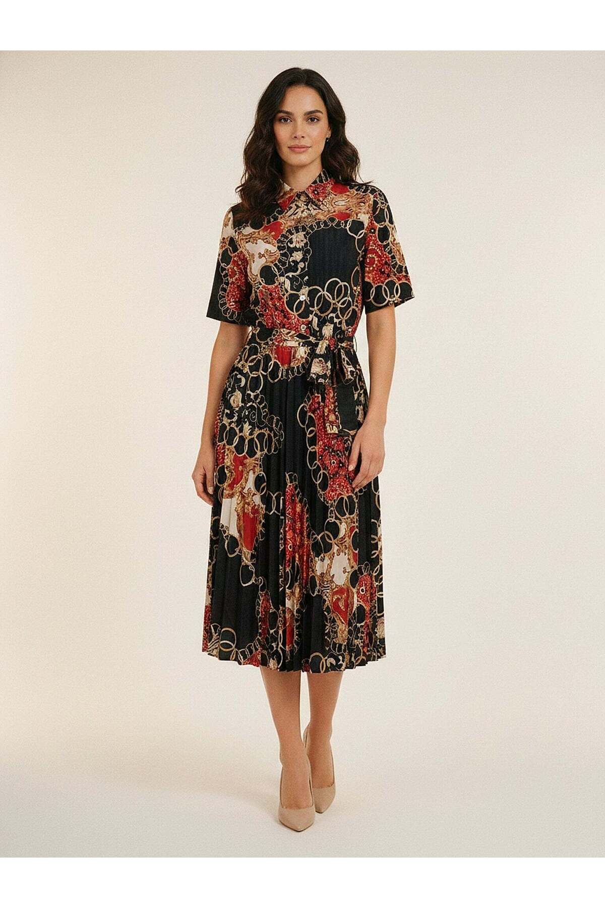 Black Patterned Shirt Dress – Belted Waist, Casual Modern Cut | Frn Line