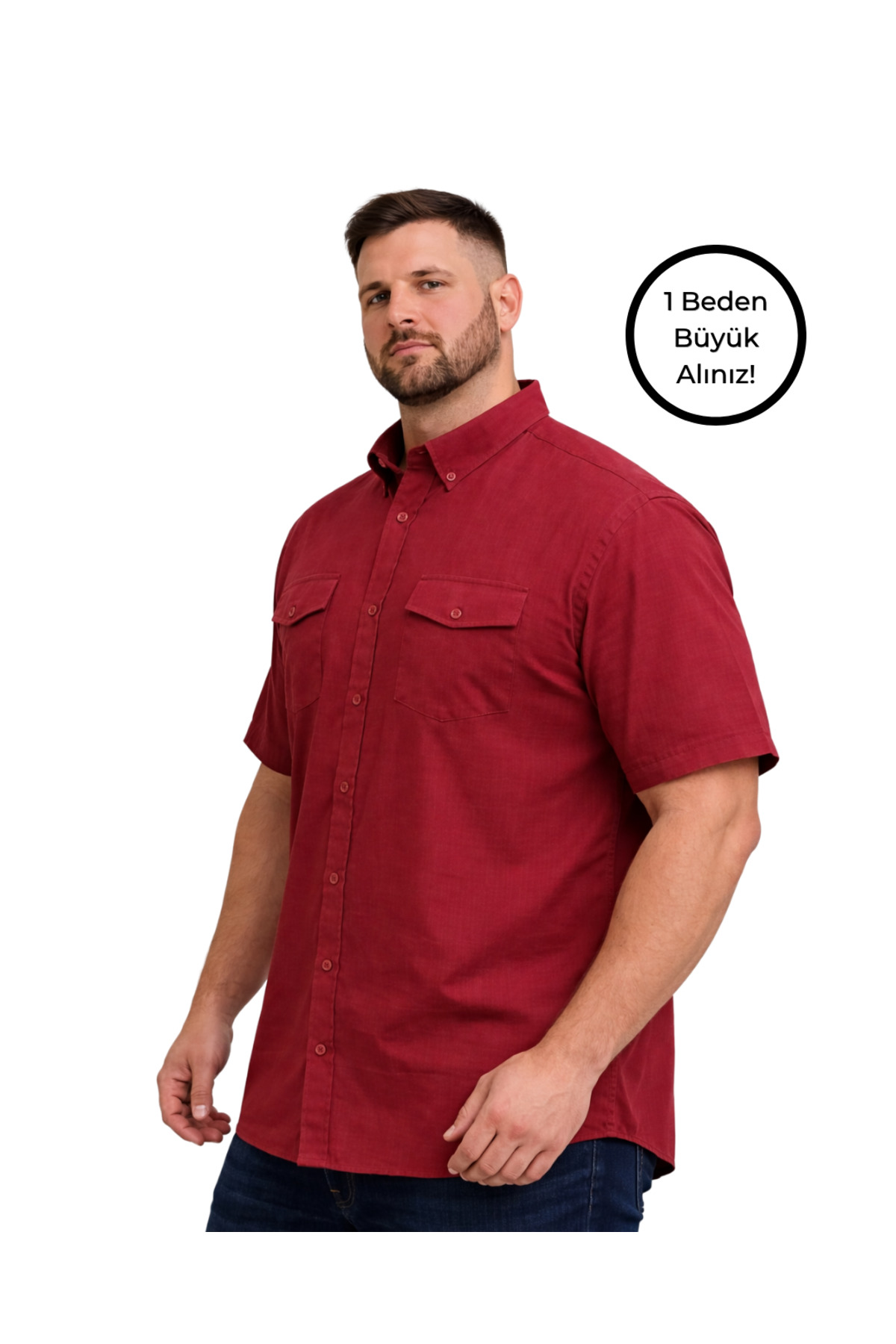 BattalModa Erkek Büyük Beden Bordo Çift Cepli Kısa Kollu Gömlek 3XL-4XL-5XL-6XL-7XL-8XL görsel 2