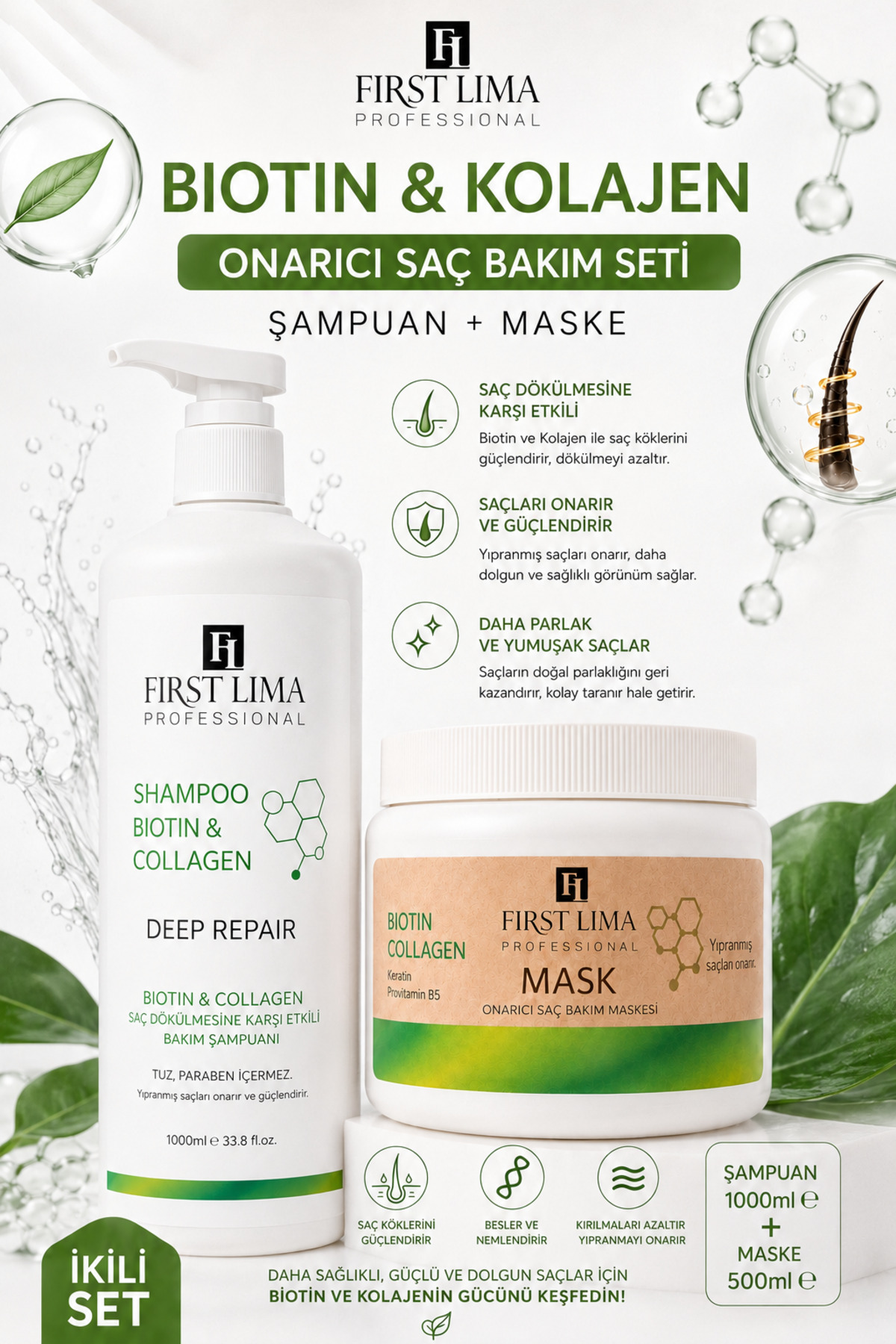 First Lima Professional Yıpranmış Saçlar Için Tuzsuz Onarıcı Biotin & Collagen Şampuanı Ve Saç Bakım Maskesi 1000 Ml — TYC00766018149