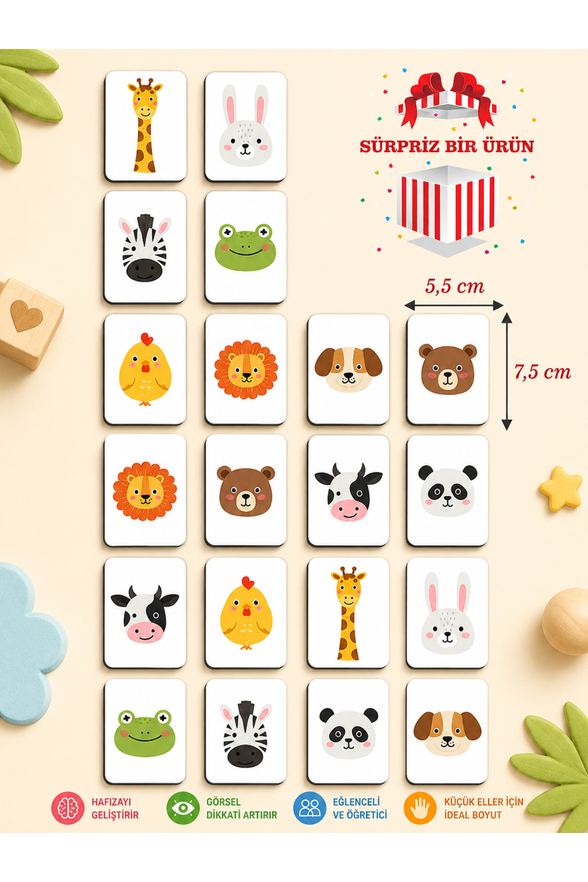 Smart Cards Wooden Educational Memory Matching Game Cute Animals Puzzle Toy ( 5.5 x 7.5 CM)
