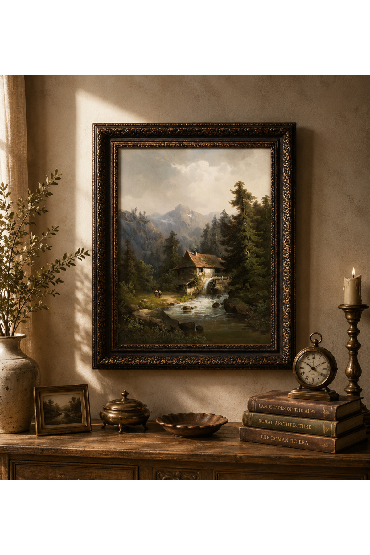 Waterfall View in Chalet Table – Bronze Aged Frame