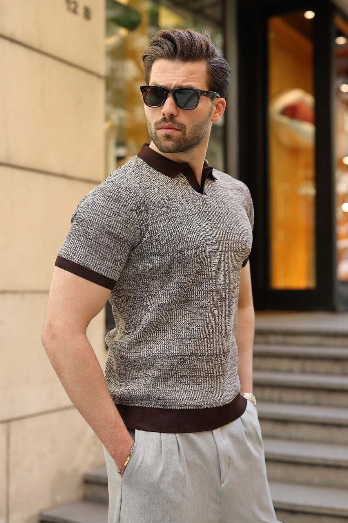 Madmext Brown Polo Collar Regular Fit Men's Knitwear T-Shirt E7496
