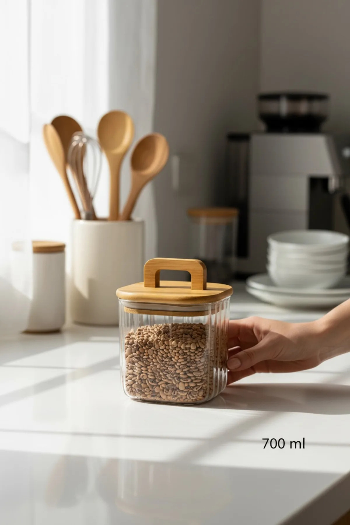 Bambu Kapaklı 700 ml Line (Çizgili) Cam Saklama Kavanozu