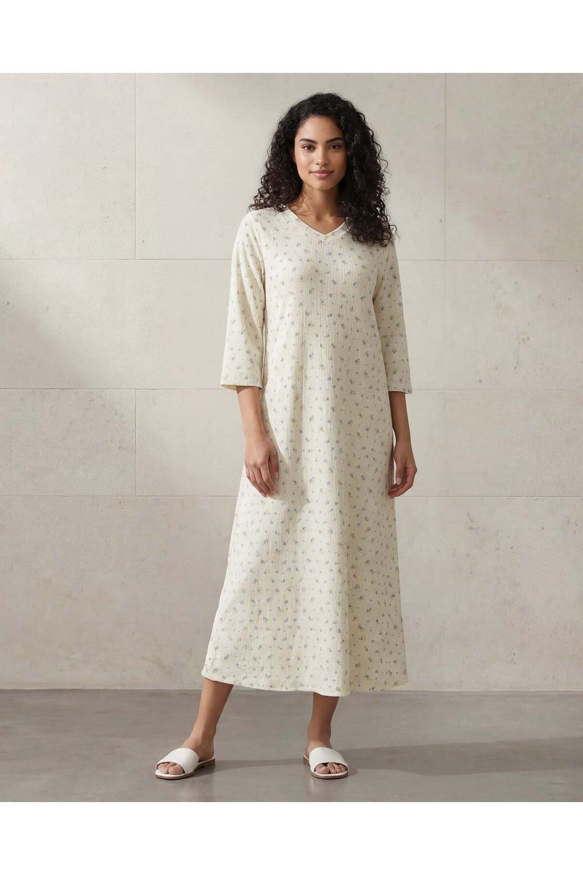 REDTAG Women Cream Long Sleeves Knit Nightgown