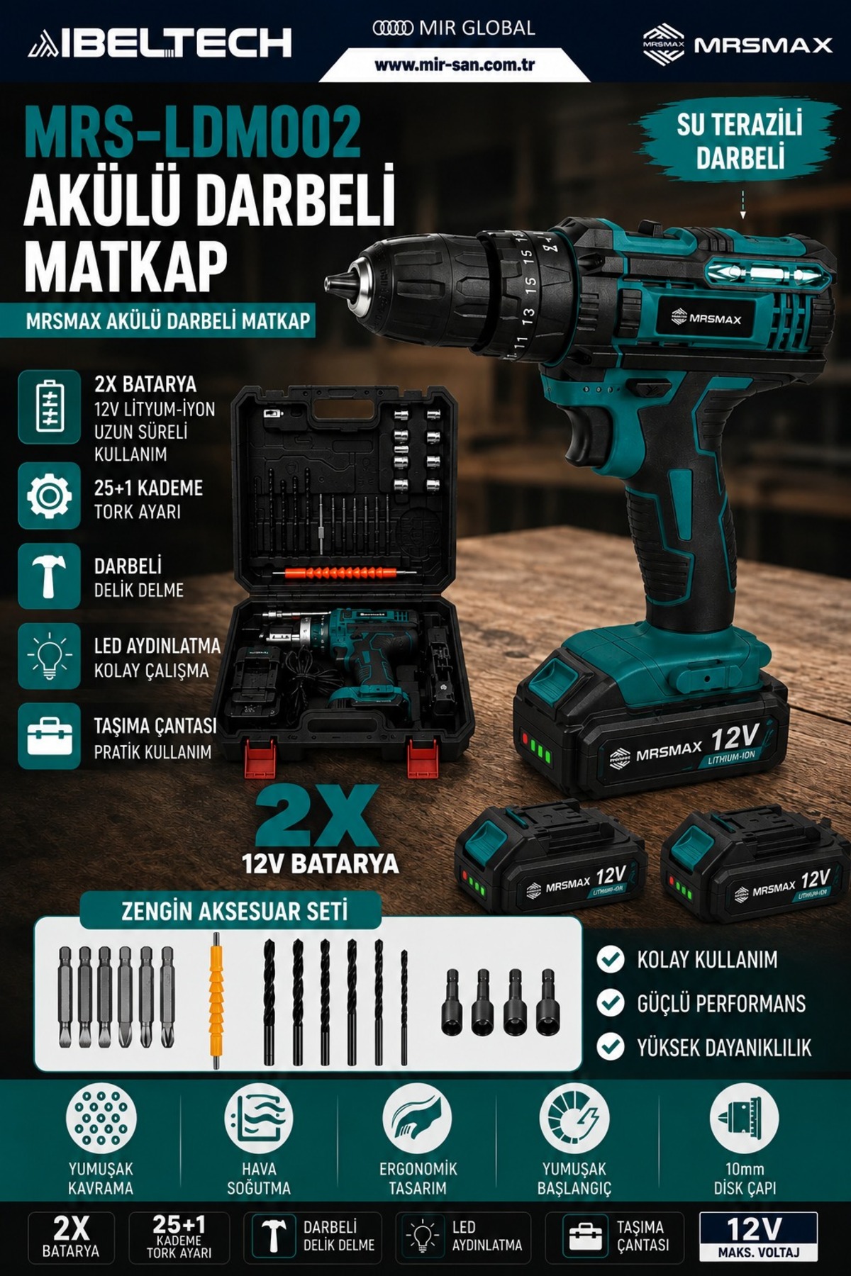 MRSMAXX Akülü Darbeli Şarjlı Matkap Seti 12V 2 Bataryalı Çift