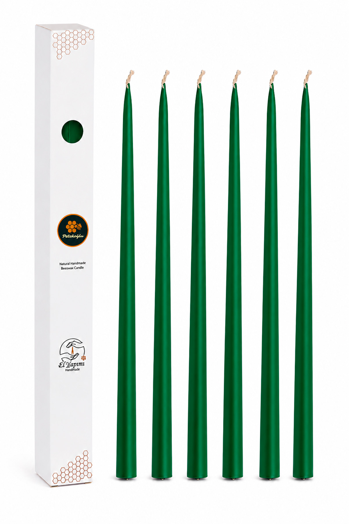 Set of 6 green conical candlesticks made of natural wax. Decorative and handmade. Beeswax candle
