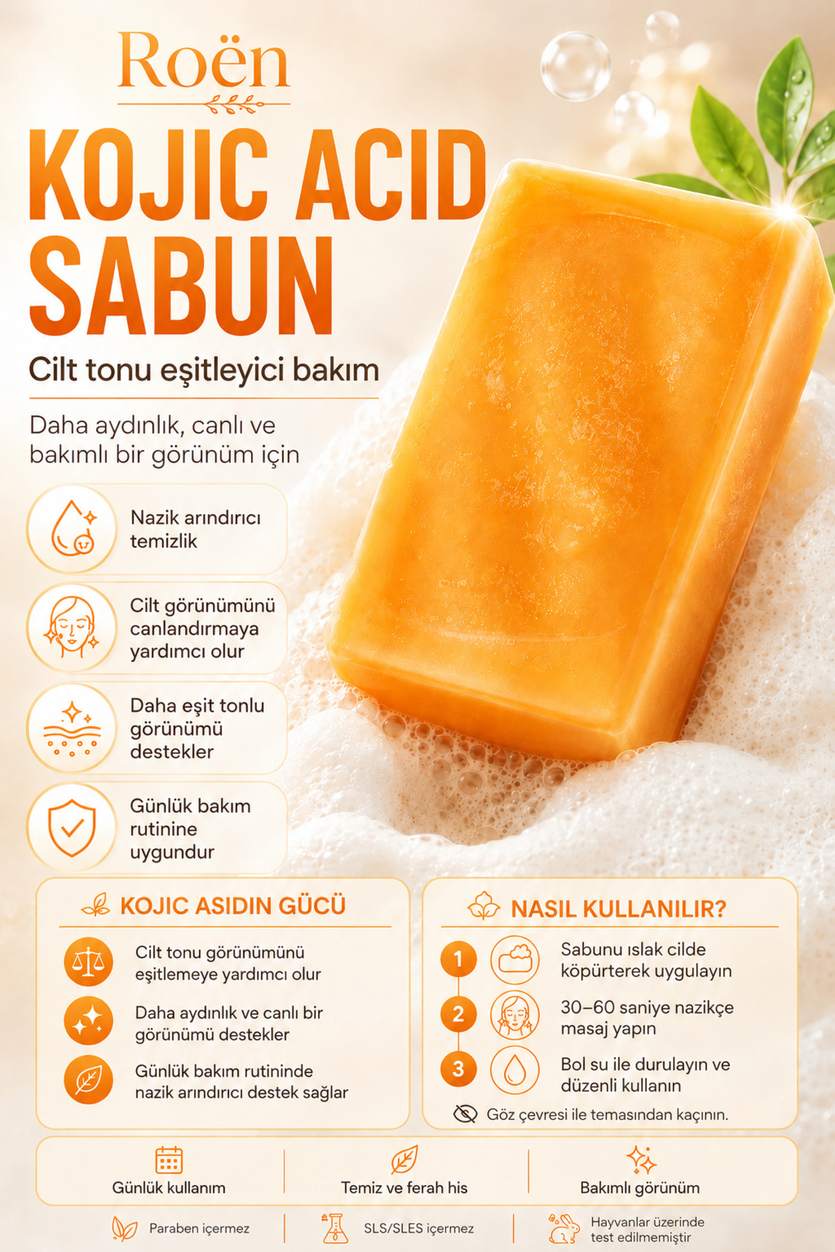Roen Doğal Kojik Asit Sabunu, Cilt Beyazlatıcı, Leke Giderme, Kararma, Akne, Güneş Lekeleri 110gr