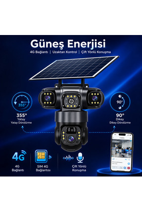 Dobest Güneş Enerjili 9MP 3 Kameralı HD SIM Kartlı PTZ Gece Görüşlü Güvenlik ...