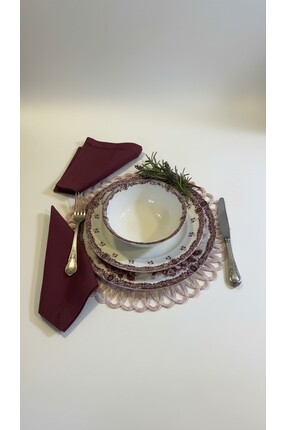 KÜTAHYA HOME Burgundy Romance 24 Parça Desenli Porselen Yemek Takımı – Şık So...