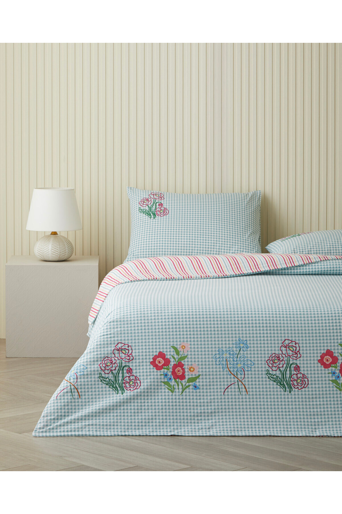 Pastel Gingham Pamuklu Tek Kişilik Nevresim Seti 160x220 cm Pembe - Turuncu