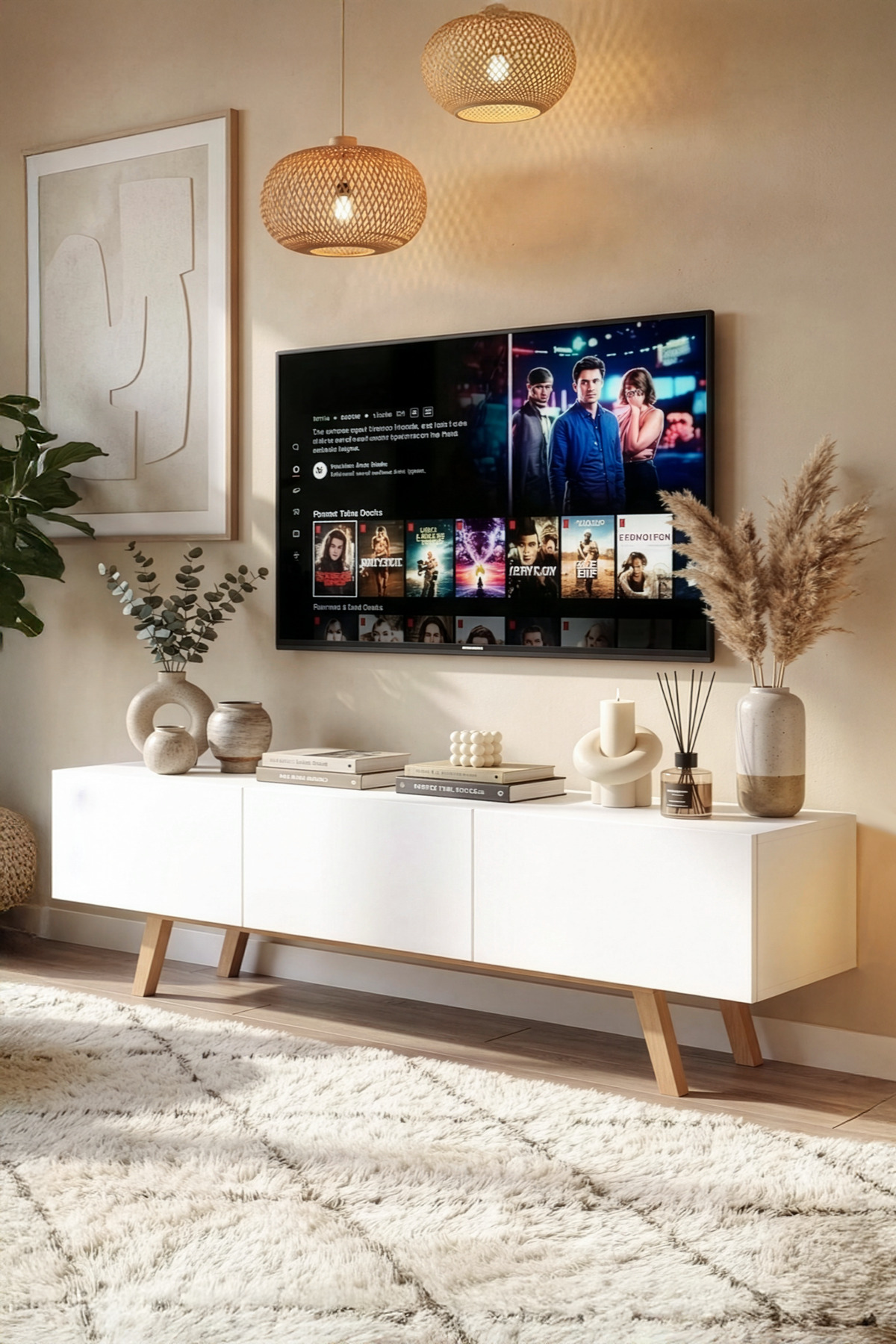Pulse TV Unit with 3 Covers 180cm Wooden Legs White Pu1-w