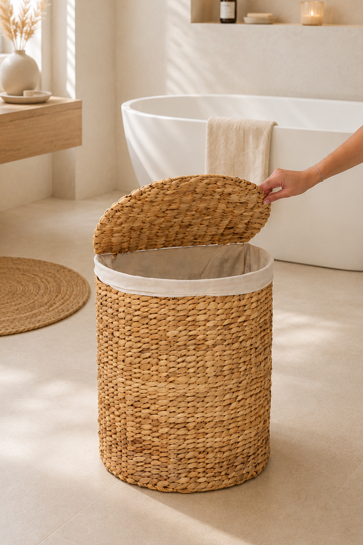 Wicker Water Hyacinth Model D Light Color Laundry Basket Organizer with Oversized Lid