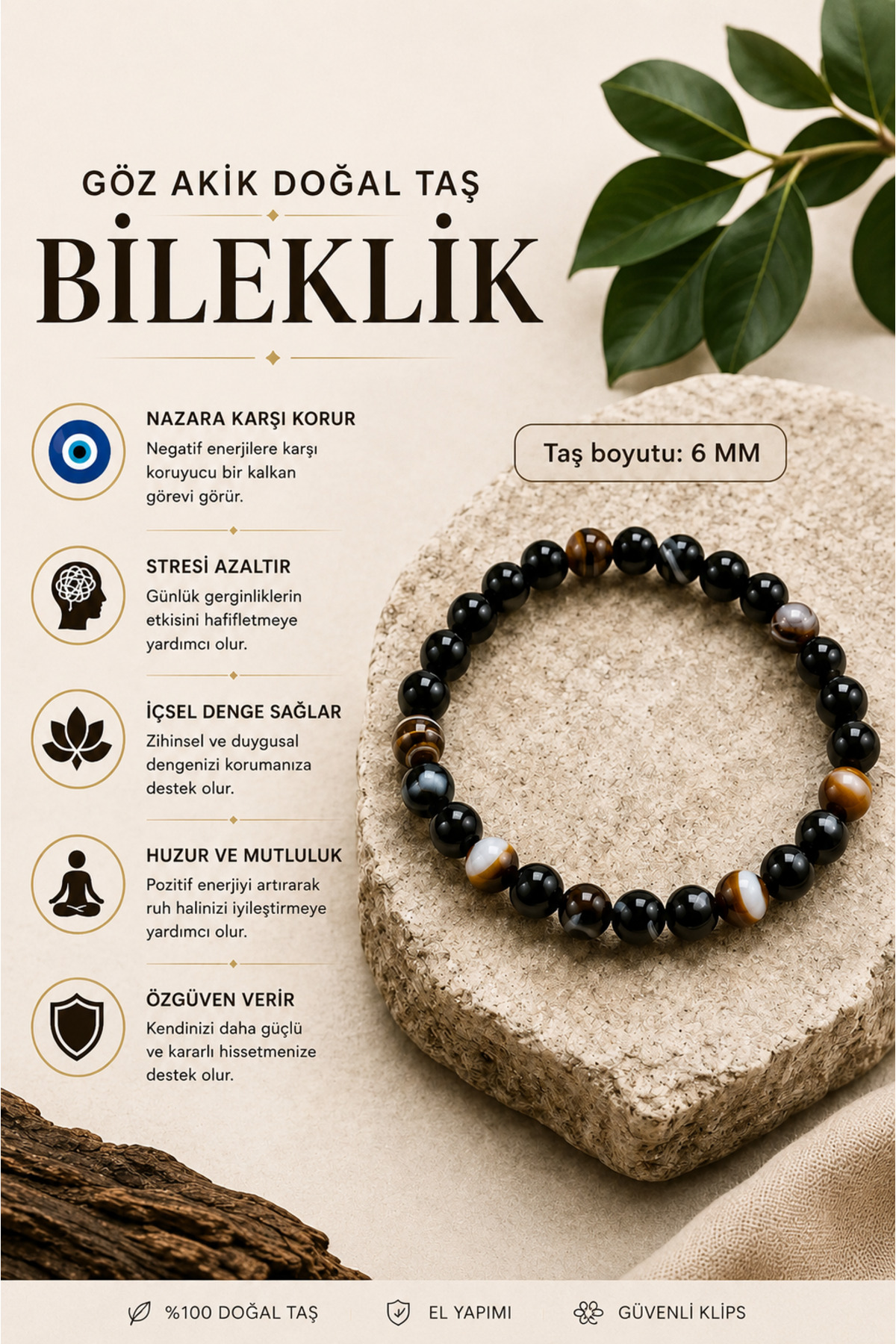 OSMANLI DOĞAL TAŞ Orijinal & Sertifikalı Göz Akik Doğal Taş Kutulu El Yapımı Özel Tasarım Nazar ve Stres Bileklik 6 mm