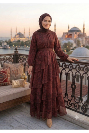 ATABEY MODA EFZ GİYİM KAT KAT ŞİFON ELBİSE RENK BORDO