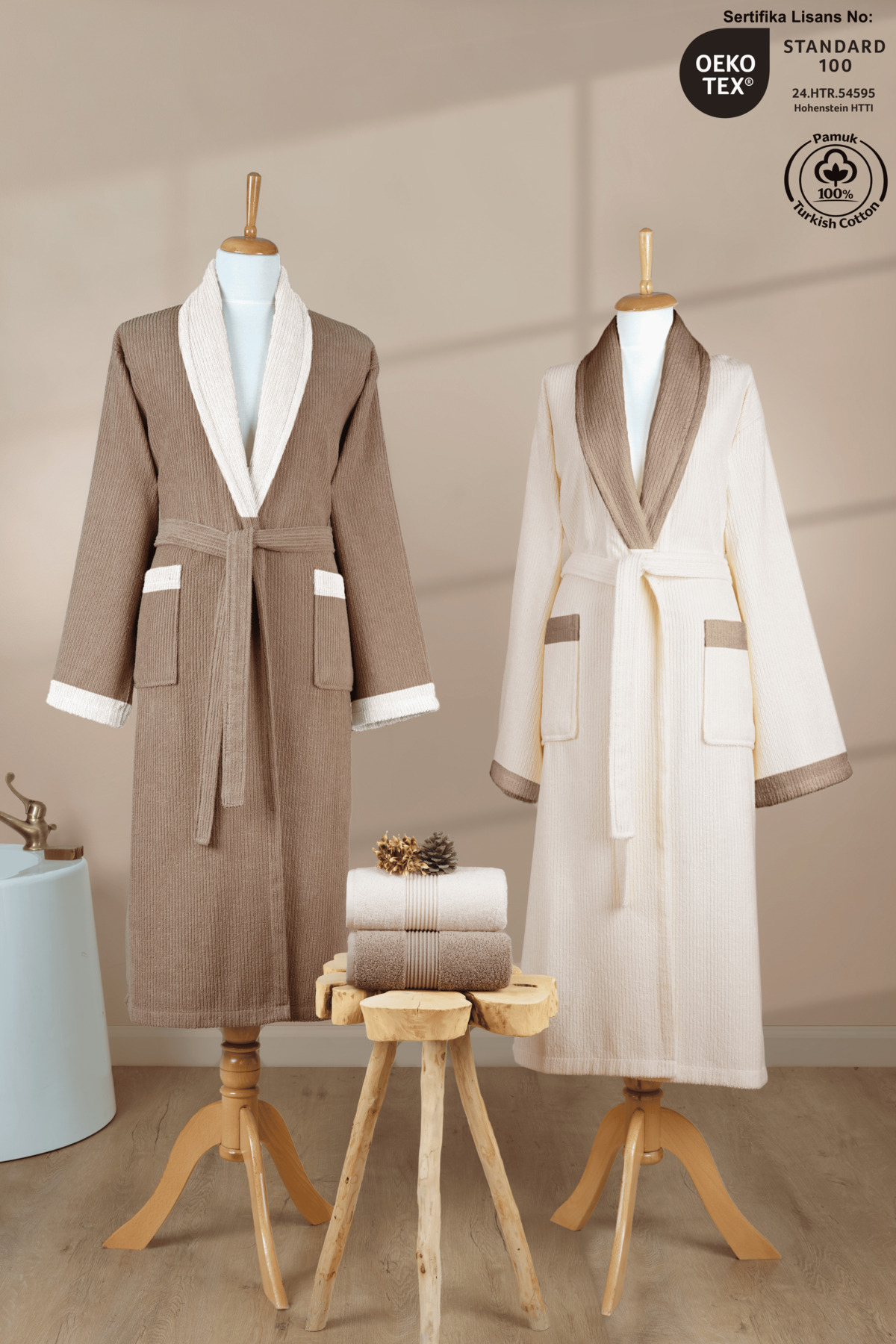 Striped Bathrobe Set 100% Cotton Certified 4-Piece Contrast Shawl Family Bathrobe Set | Dowry Set
