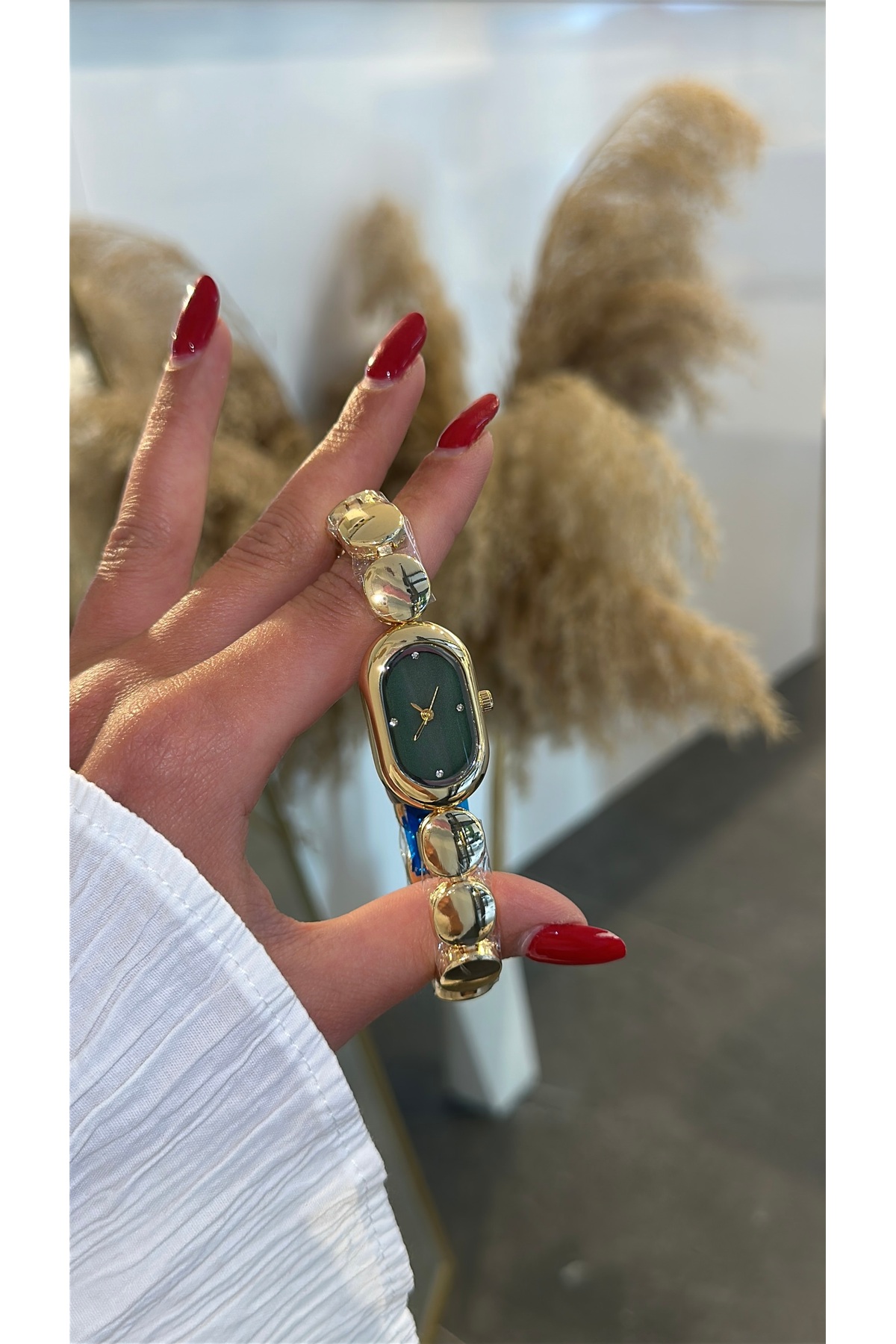 GLARE JEWELRY CO İçi Yeşil Detaylı Lüks Mini Kasa Yuvarlak Kadran Metal Gold Kordon Paslanmaz Çelik Kadın Kol Saati görsel 3