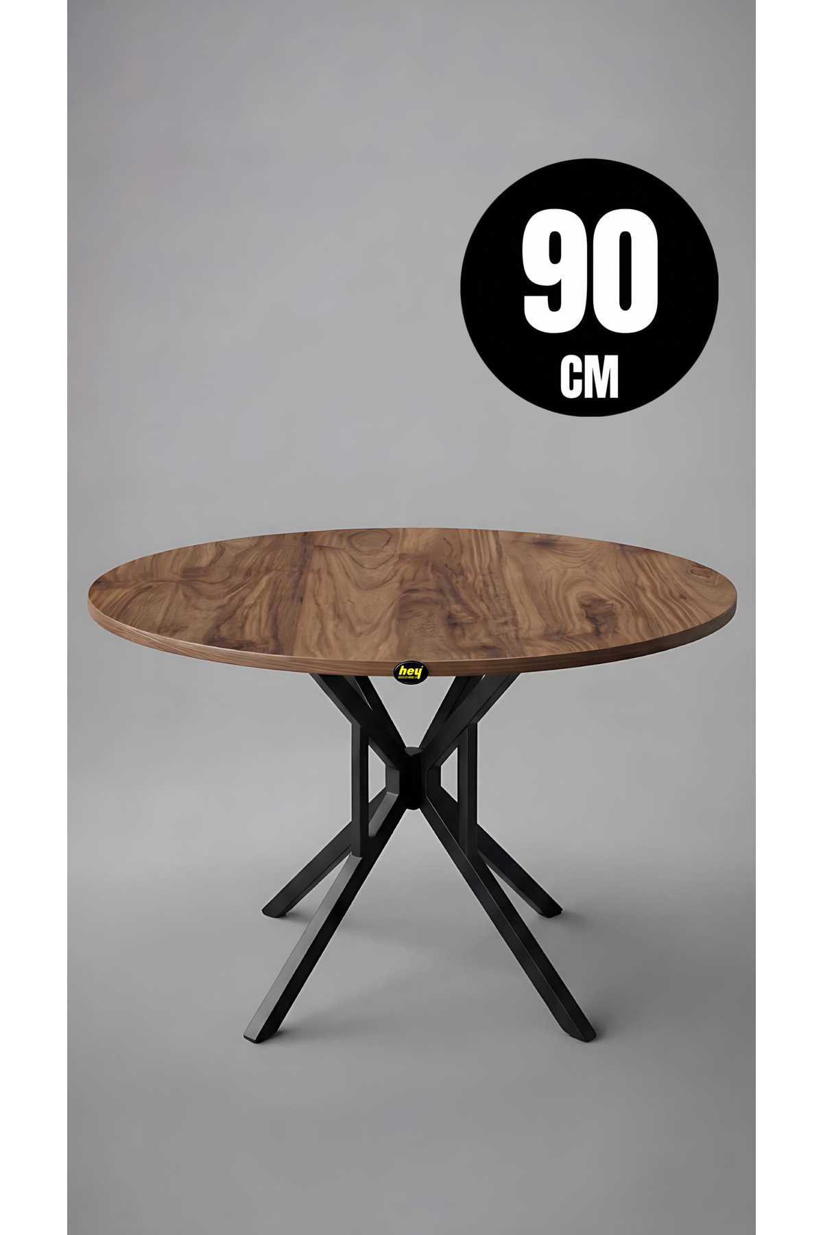 90 Cm Selin Walnut Round Kitchen Table Dining Table Balcony Table Metal Black Leg