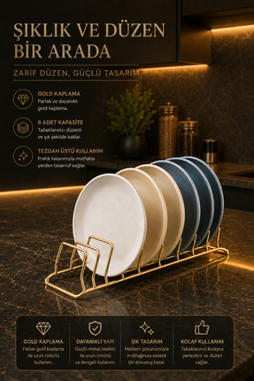 Magic Objects 9 Bölmeli Tezgah Üstü Gold Kaplama Bulaşıklık Tabaklık, Metal T...