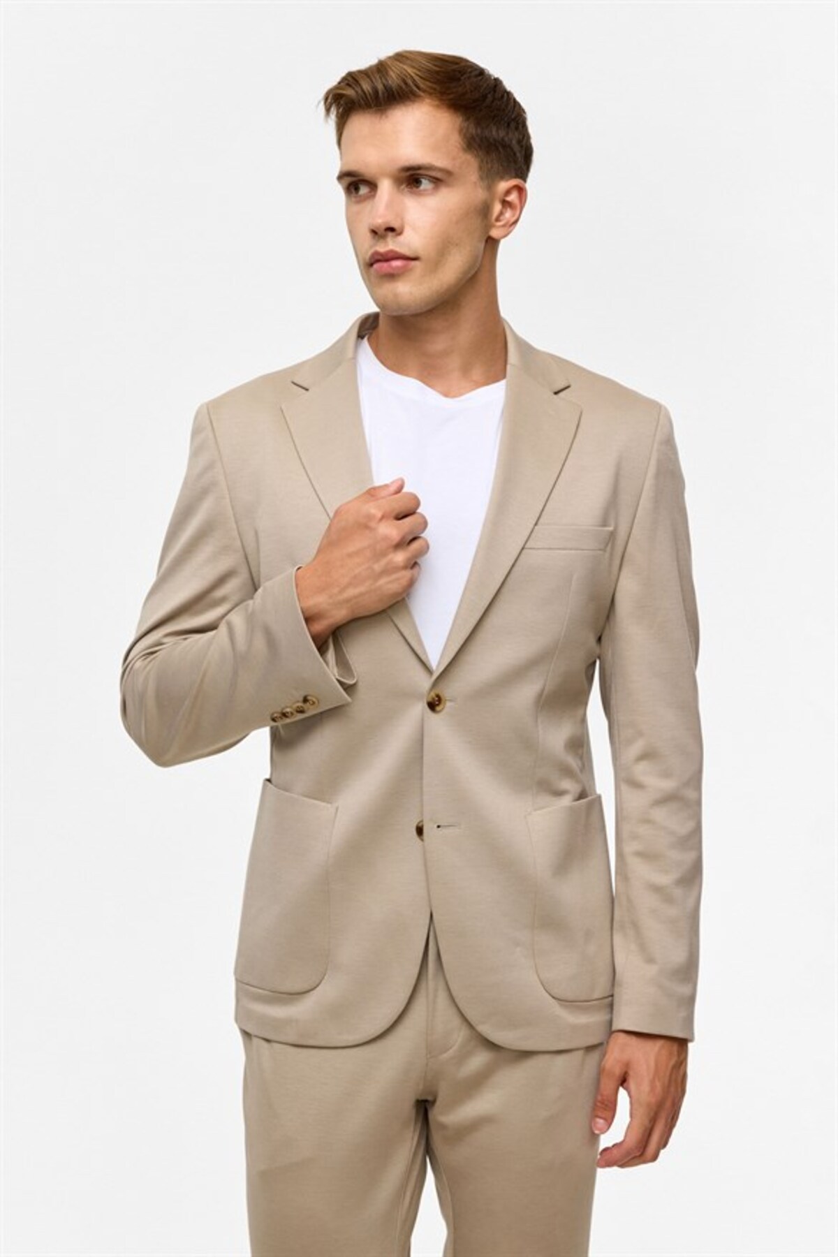 Bej Slim Mono Yaka Düz Torba Cep 6 Drop Takım Elbise — بژ TK1006900379 — تصویر 6 از 8