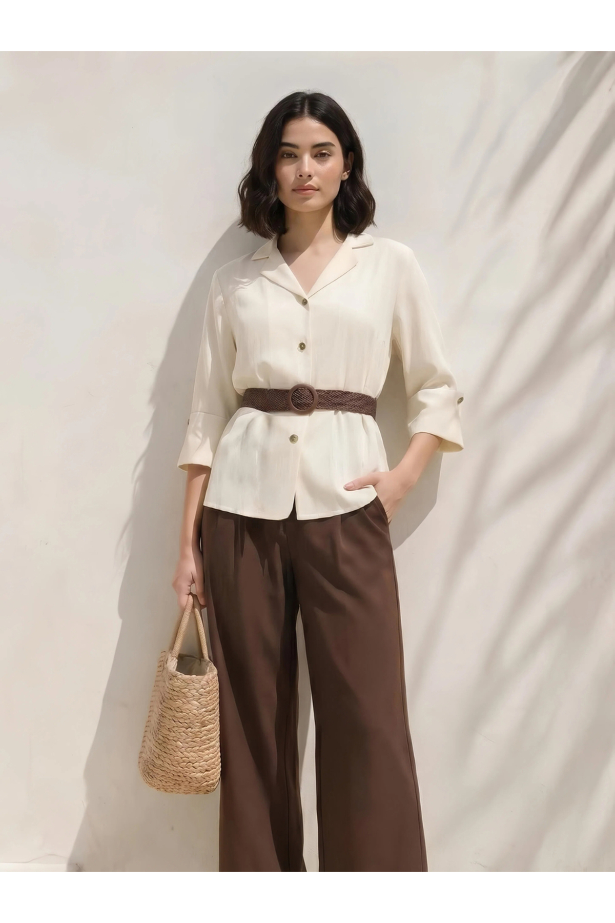 Styli Off White Collared 3/4 Sleeve Shirt with Belt