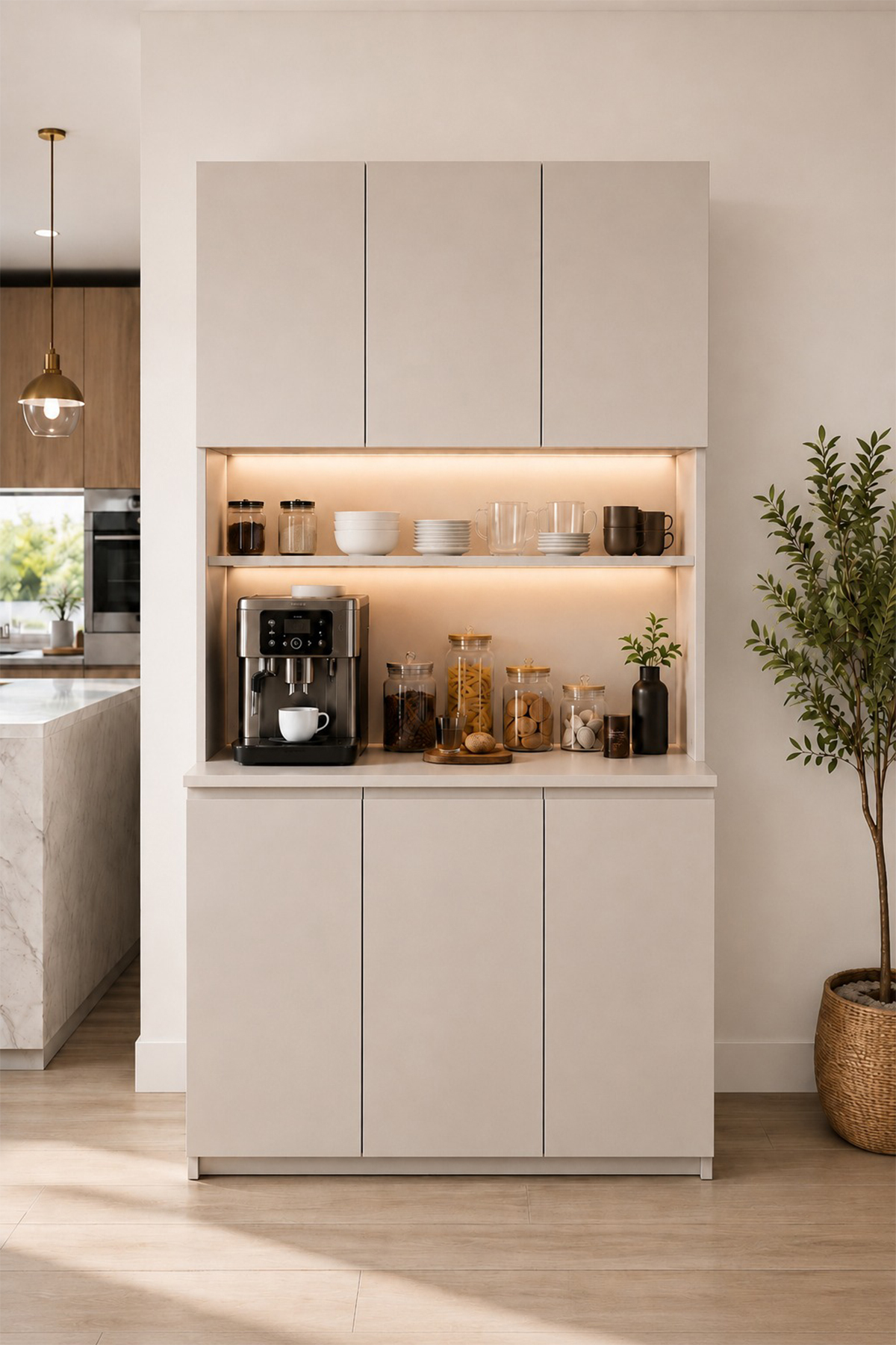 Dolce 3 Kapaklı Airfry Dolabı Kahve Köşesi Led Işıklı Çok Amaçlı Dolap 208 cm Vizon