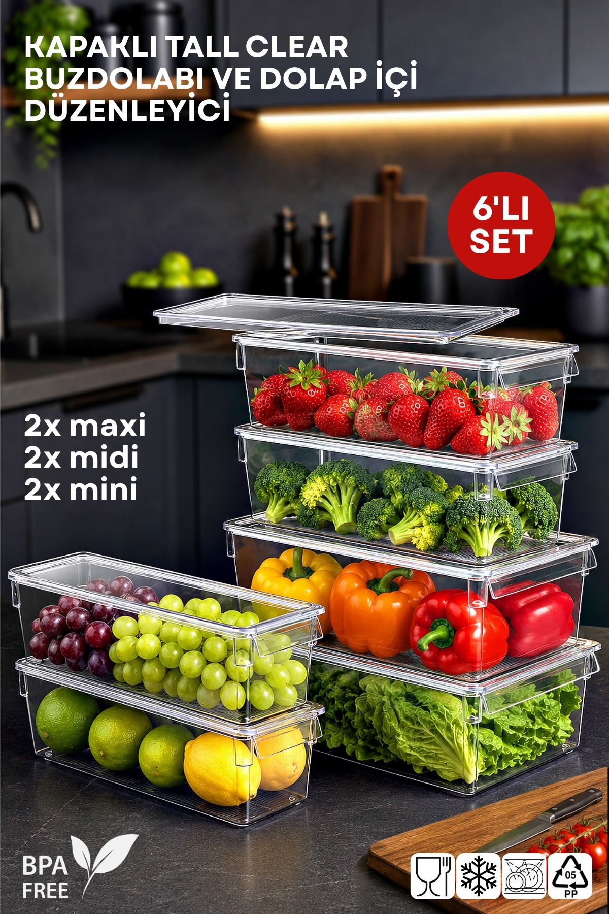 まとめ商品 Nandy Home Kapaklı 6'lı Set Tall Clear Buzdolabı & Dolap Içi