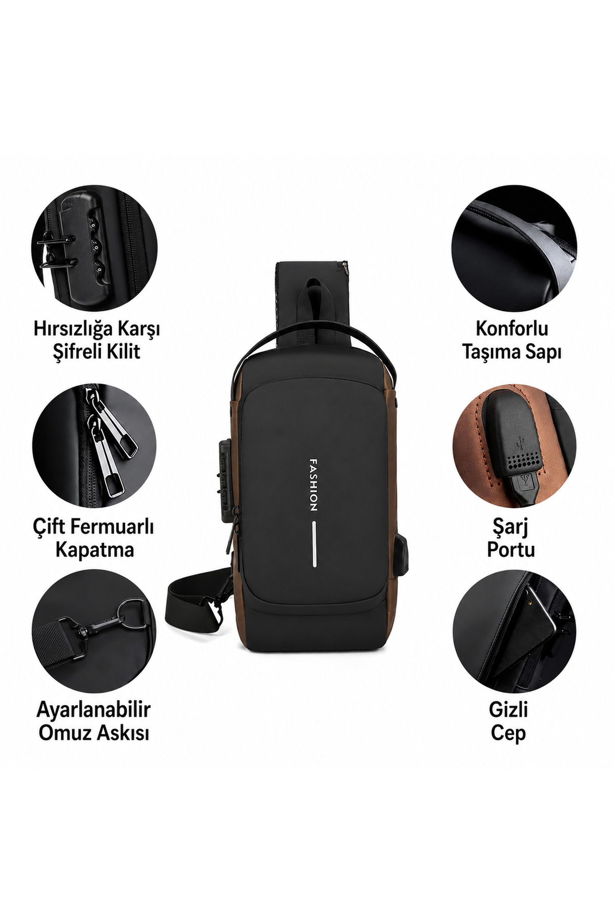 FASHION USB şarj portlu ve kilitli şık omuz göğüs çantası görsel 2