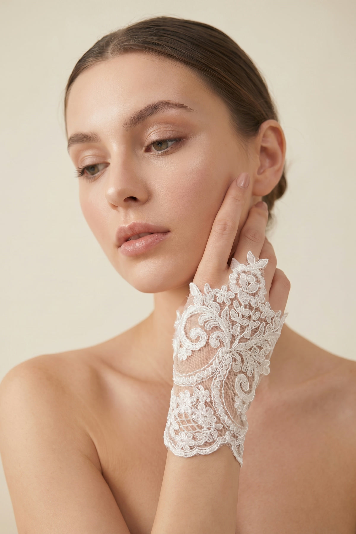 Elegance Scarf Beyaz Dantel Parmaksız Gelin Eldiveni 5555