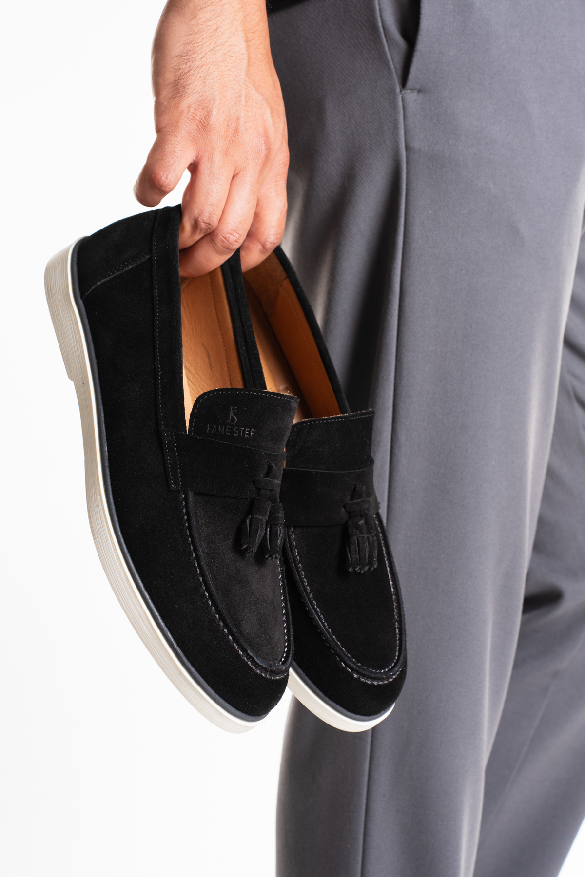 Fame Step Hakiki Deri Erkek Loafer Ayakkabı Siyah Süet Günlük Rahat Casual Mokasen Püsküllü Siena görsel 5