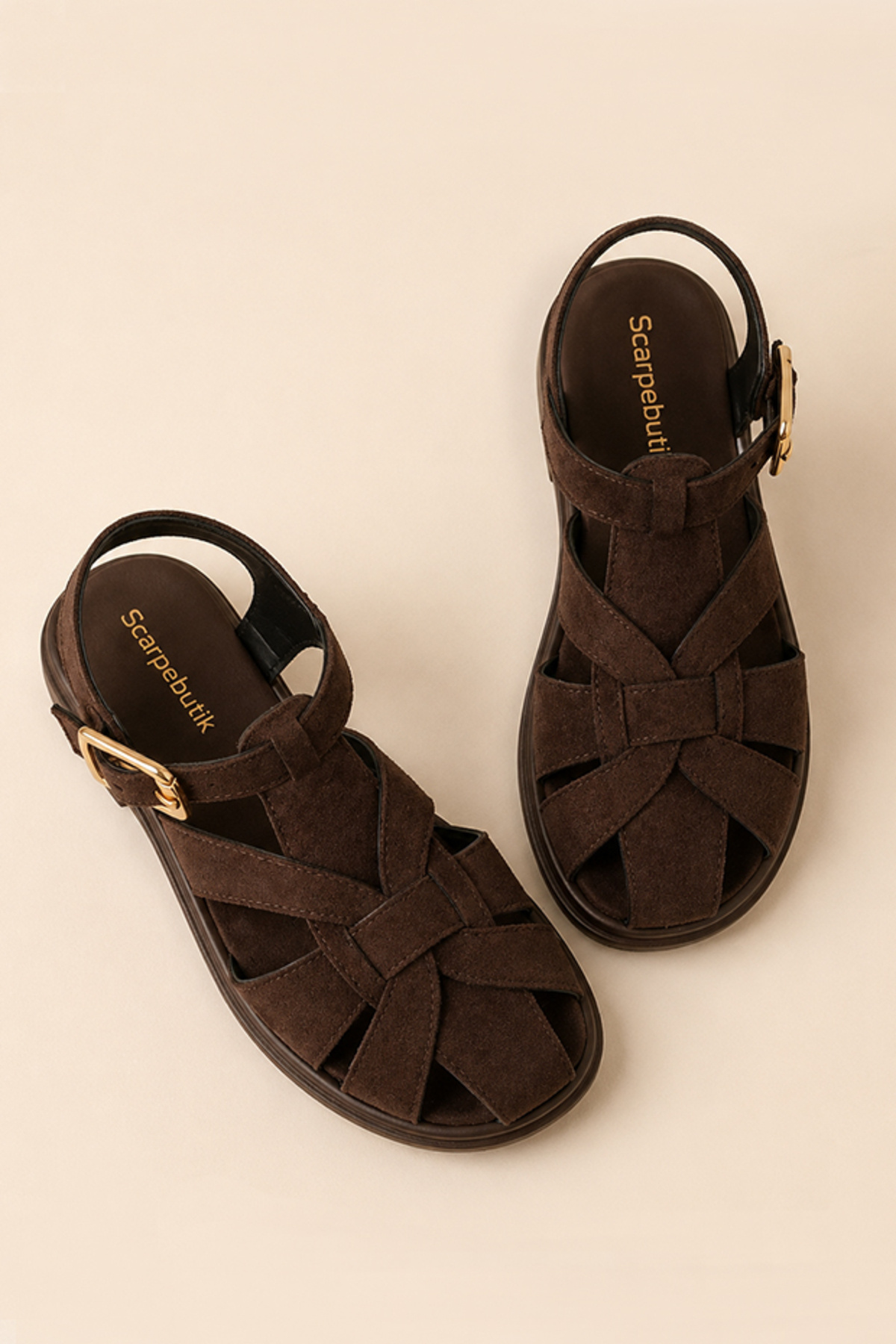 Scarpebutik Women's Brown Suede Sandals with Cage Buckle Detail
