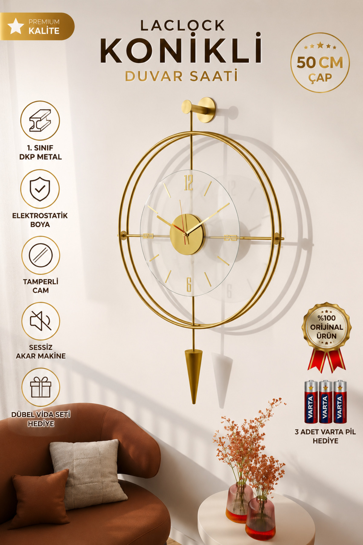 Large Size (50X90CM) -Exclusive (Laclock Conical Gold )Transparent Tampered Tempered Glass Metal Wall Clock
