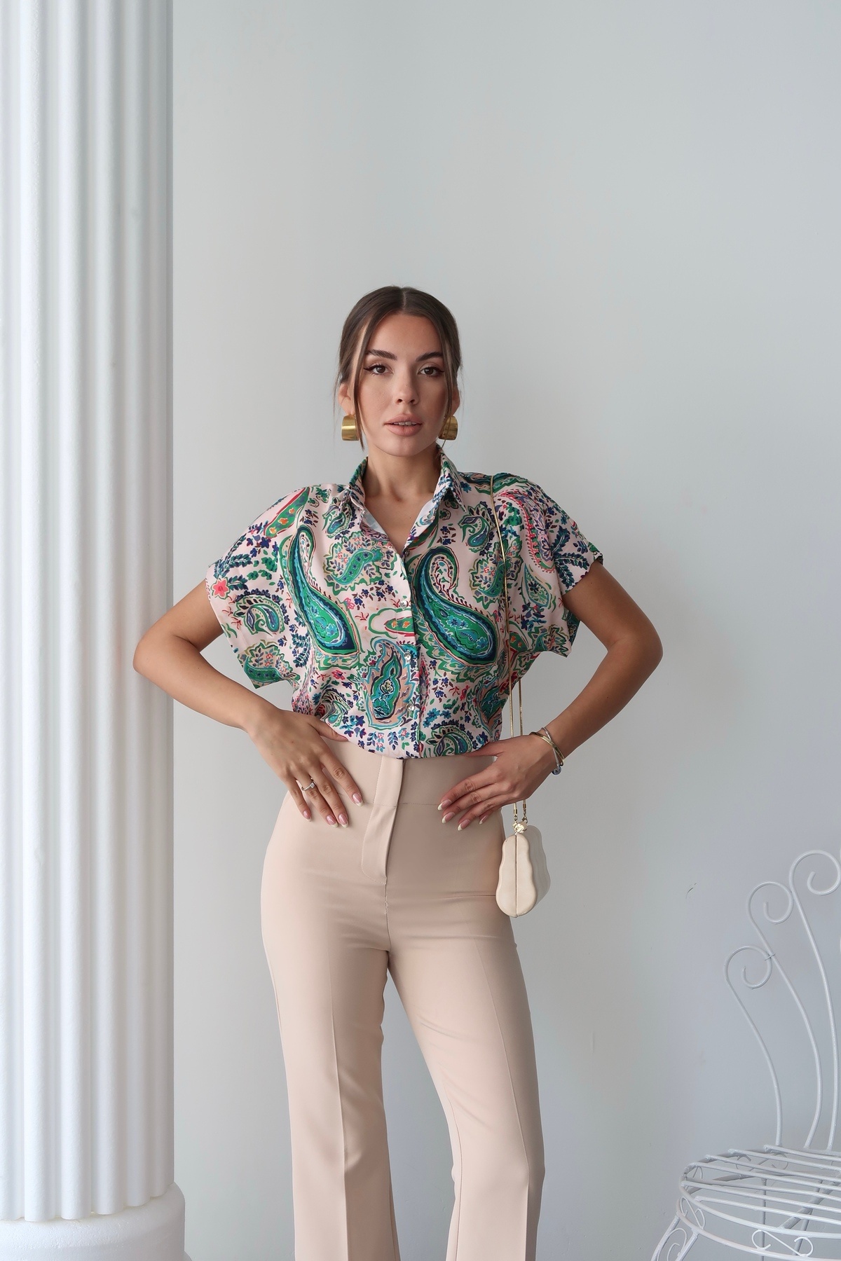 Short Sleeve Oversized Green Shawl Patterned Shirt