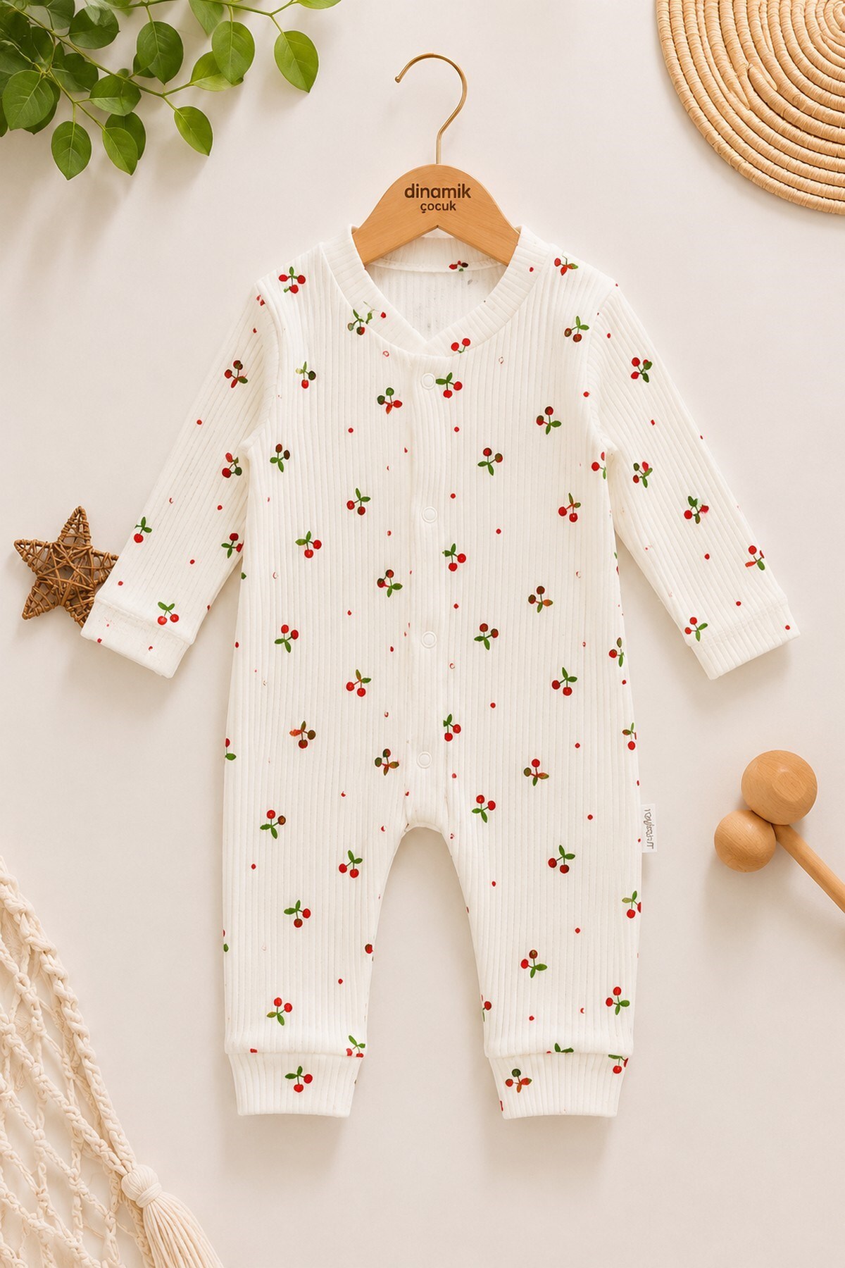 Baby Girl Cherry Printed Newborn Baby Jumpsuit with Snap Fastener 100% Cotton Flexible 1-3-6 Months