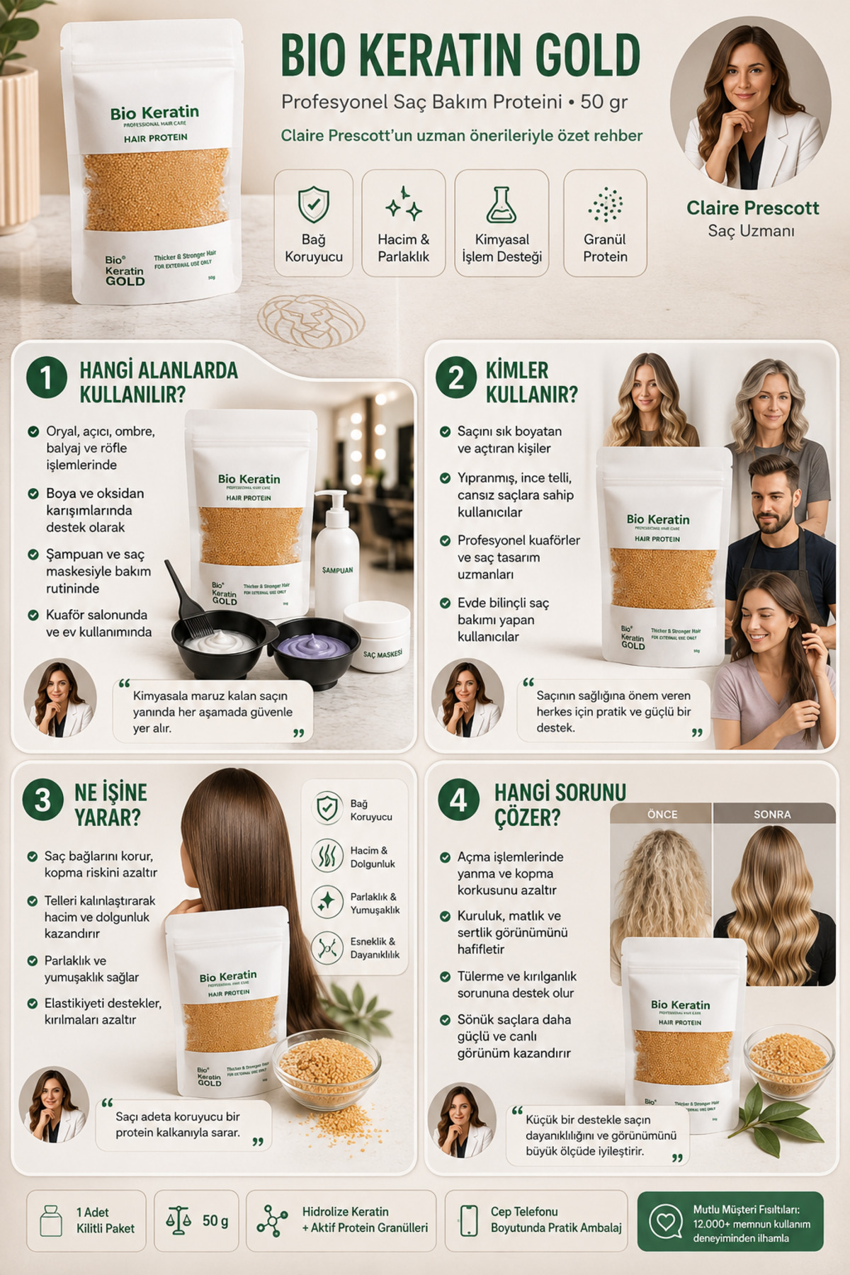 Bio Keratin Gold Profesyonel Saç Bakım Proteini 50 gr - Yıpranma Karşıtı Bağ Koruyucu, Oryal ve Boya İçi Granül Protein Tozu 722447 — 7430000722447 — تصویر 3 از 7
