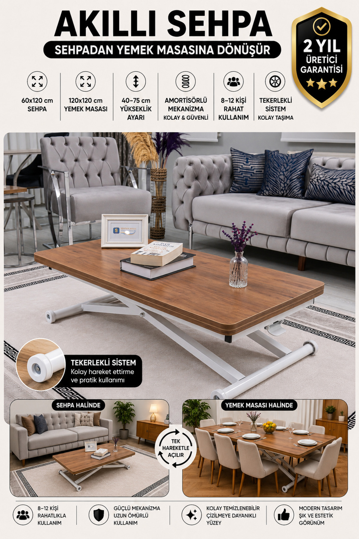 Akıllı Sehpa Home Üst Tabla Mdf Ceviz Oval Köşe Alt Mekanizma Beyaz Renk