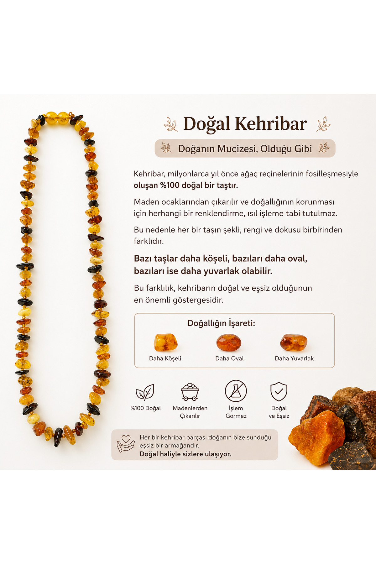Damla Kehribar Market Yetişkin Kehribar Kolye Sertifikalı Orijinal görsel 4