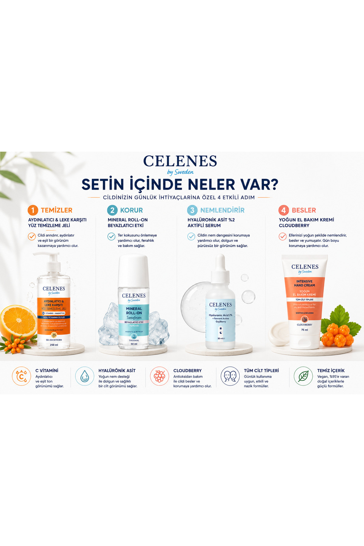 Günlük Cilt Bakım Seti | Yüz Temizleme Jeli + Hyalüronik Asit Serum + Mineral Roll-On + El Bakım Kremi — CELENES0001 — تصویر 3 از 4