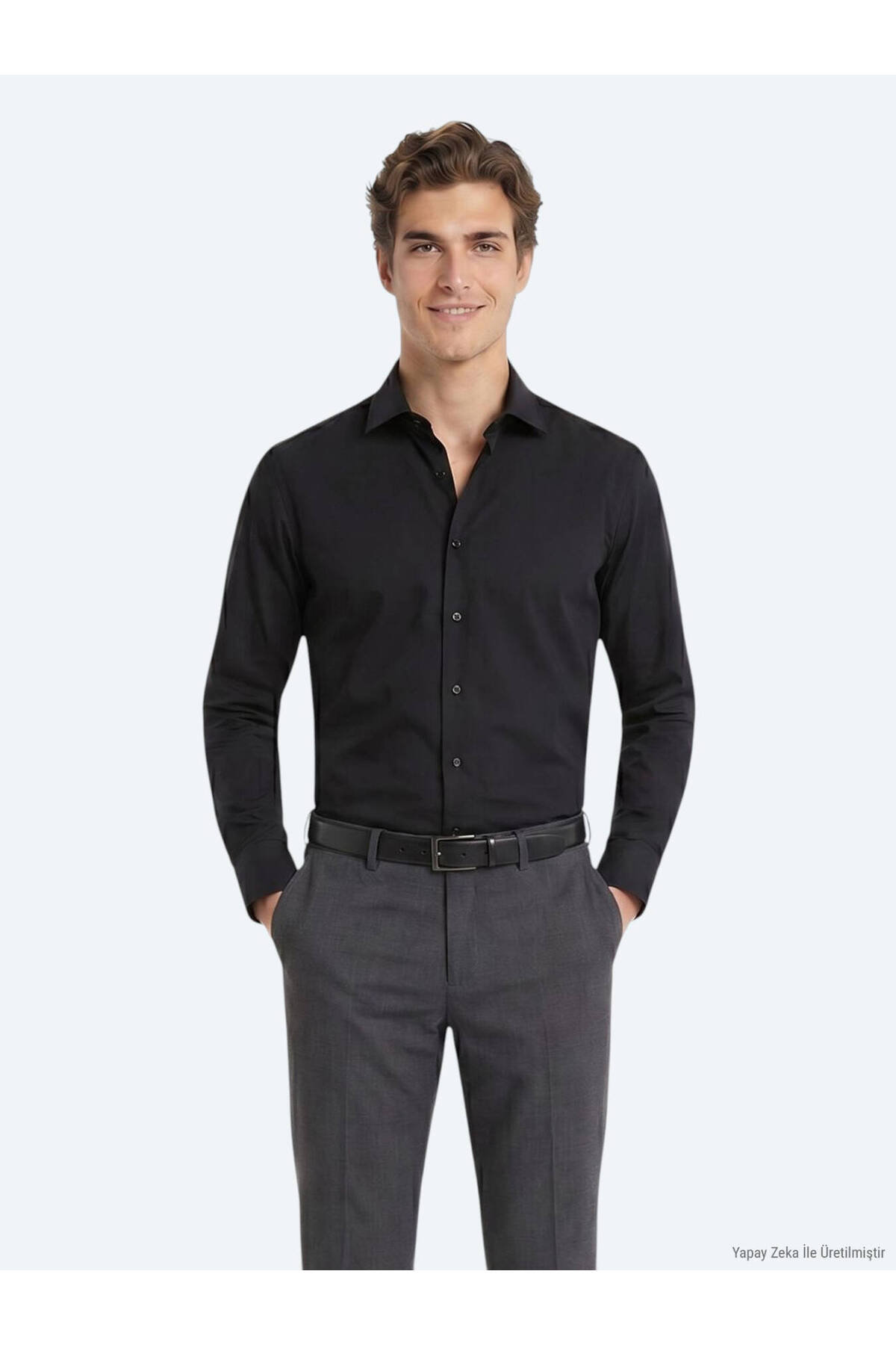 Kip Siyah Regular Fit Uzun Dokuma Casual Pamuk Karışımlı Gömlek görsel 2